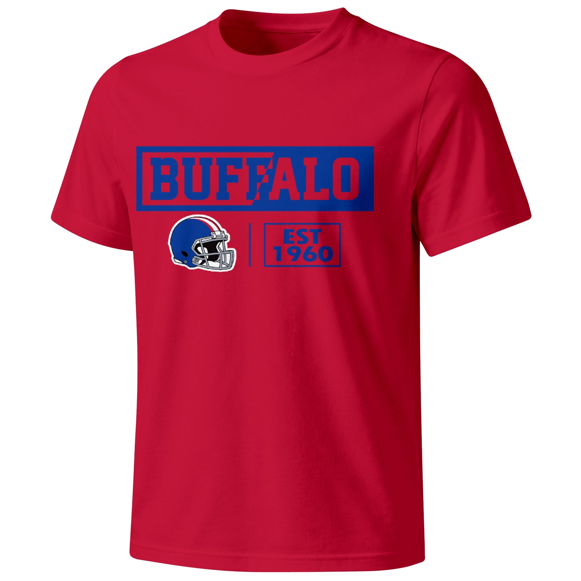 Buffalo football badge T shirt in Red showing the front city and football helmet design