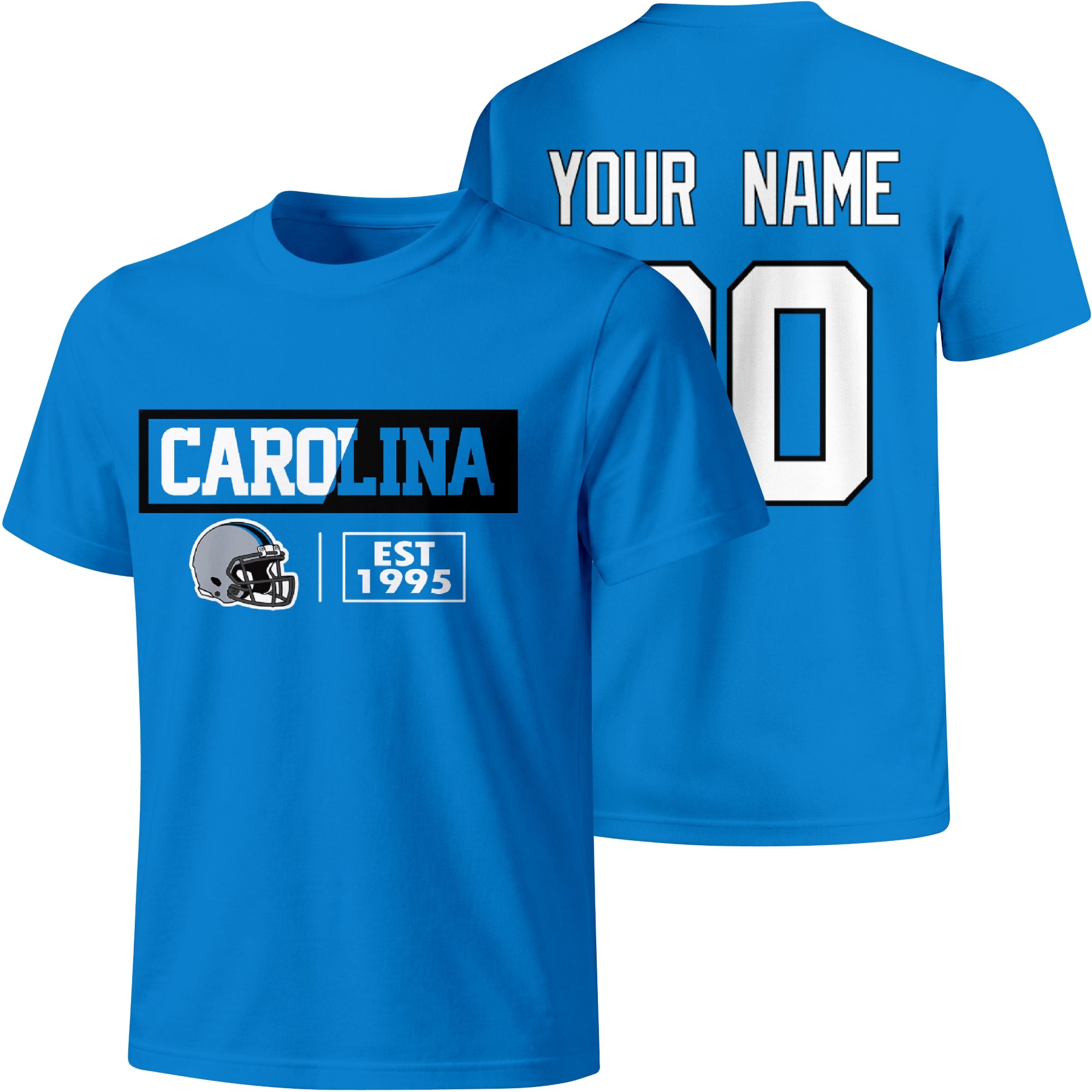 Carolina personalized football badge T shirt in Blue showing front city helmet design and back custom name and number