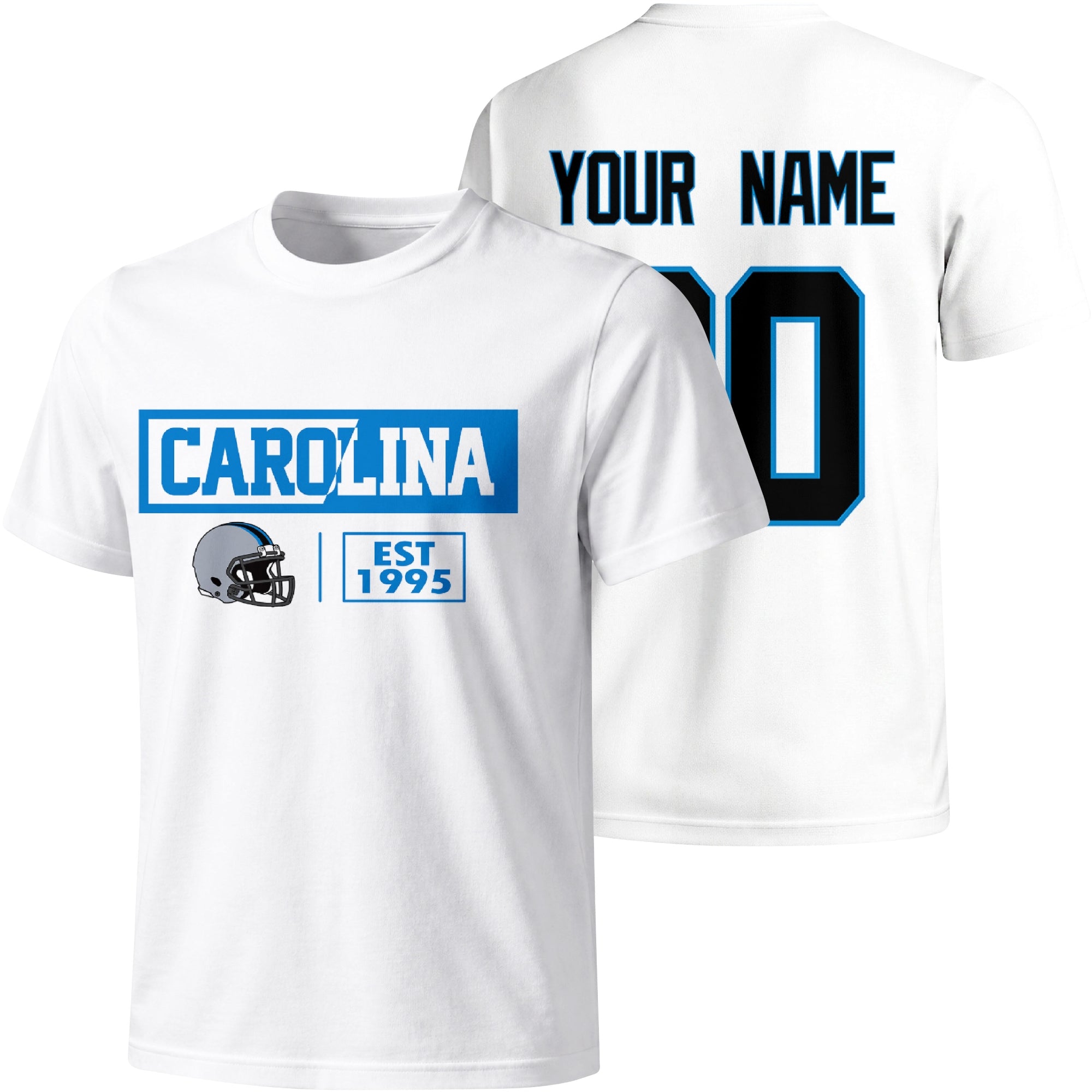 Carolina personalized football badge T shirt in White showing front city helmet design and back custom name and number