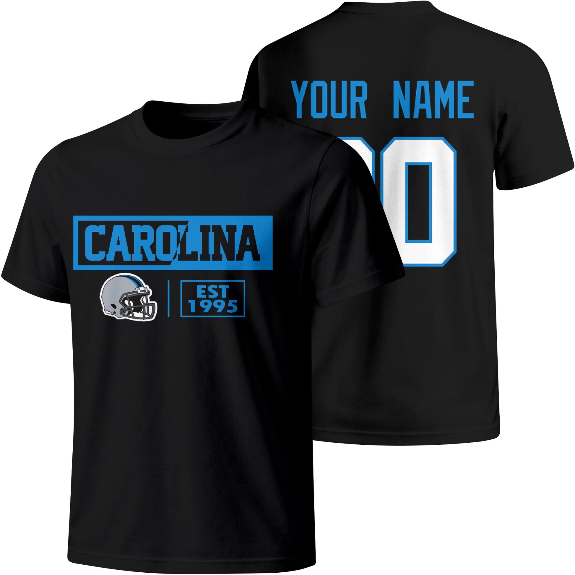 Carolina personalized football badge T shirt in Black showing front city helmet design and back custom name and number