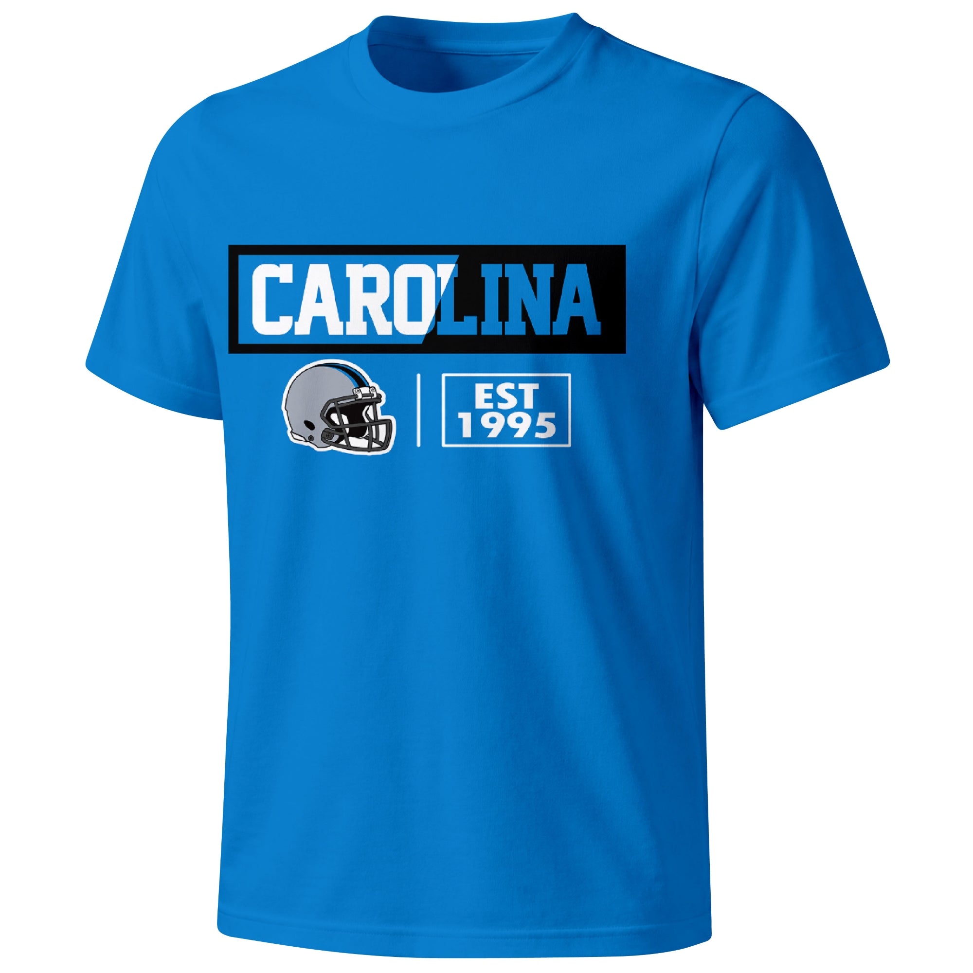Carolina football badge T shirt in Blue showing the front city and football helmet design