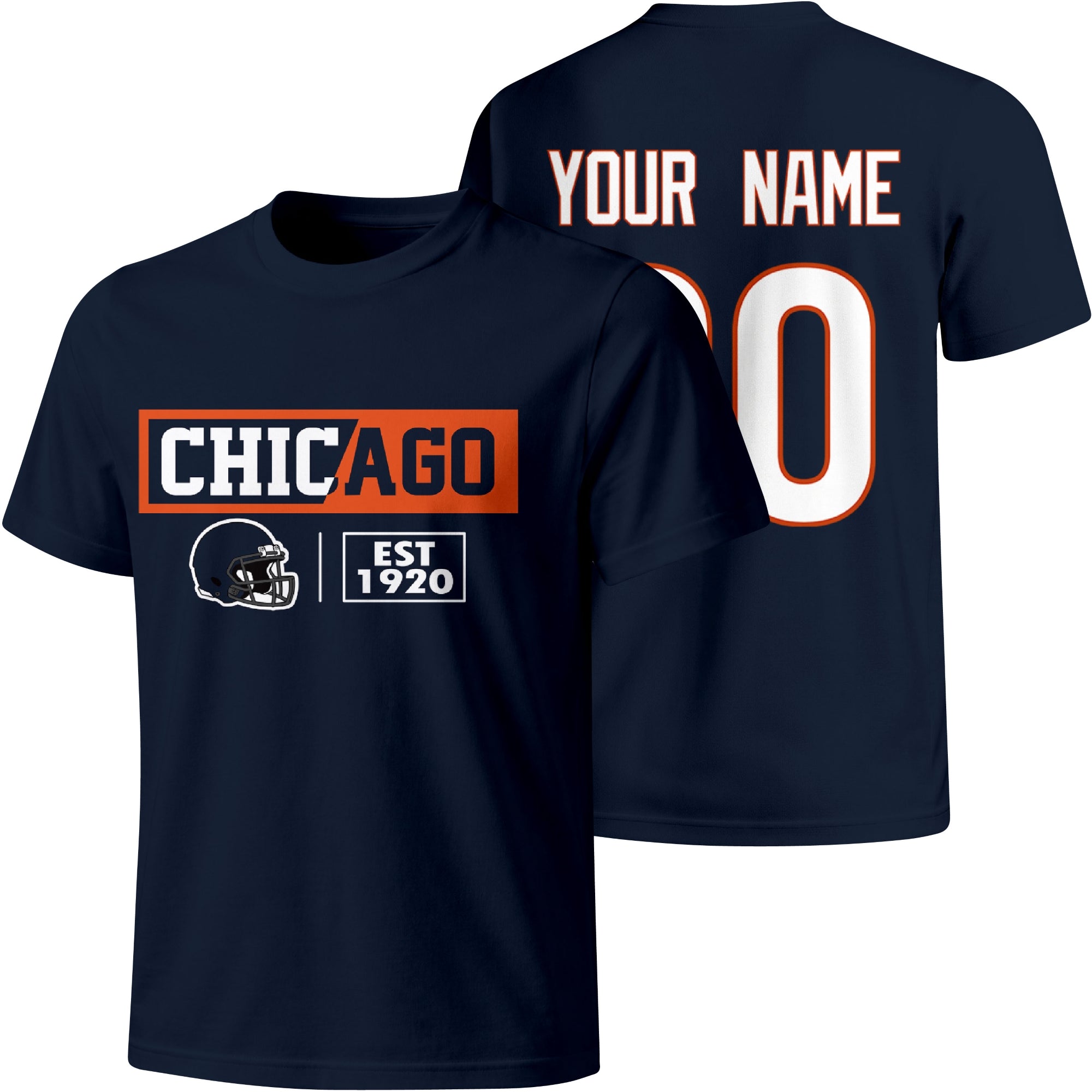 Chicago personalized football badge T shirt in Navy showing front city helmet design and back custom name and number