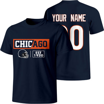 Chicago personalized football badge T shirt in Navy showing front city helmet design and back custom name and number