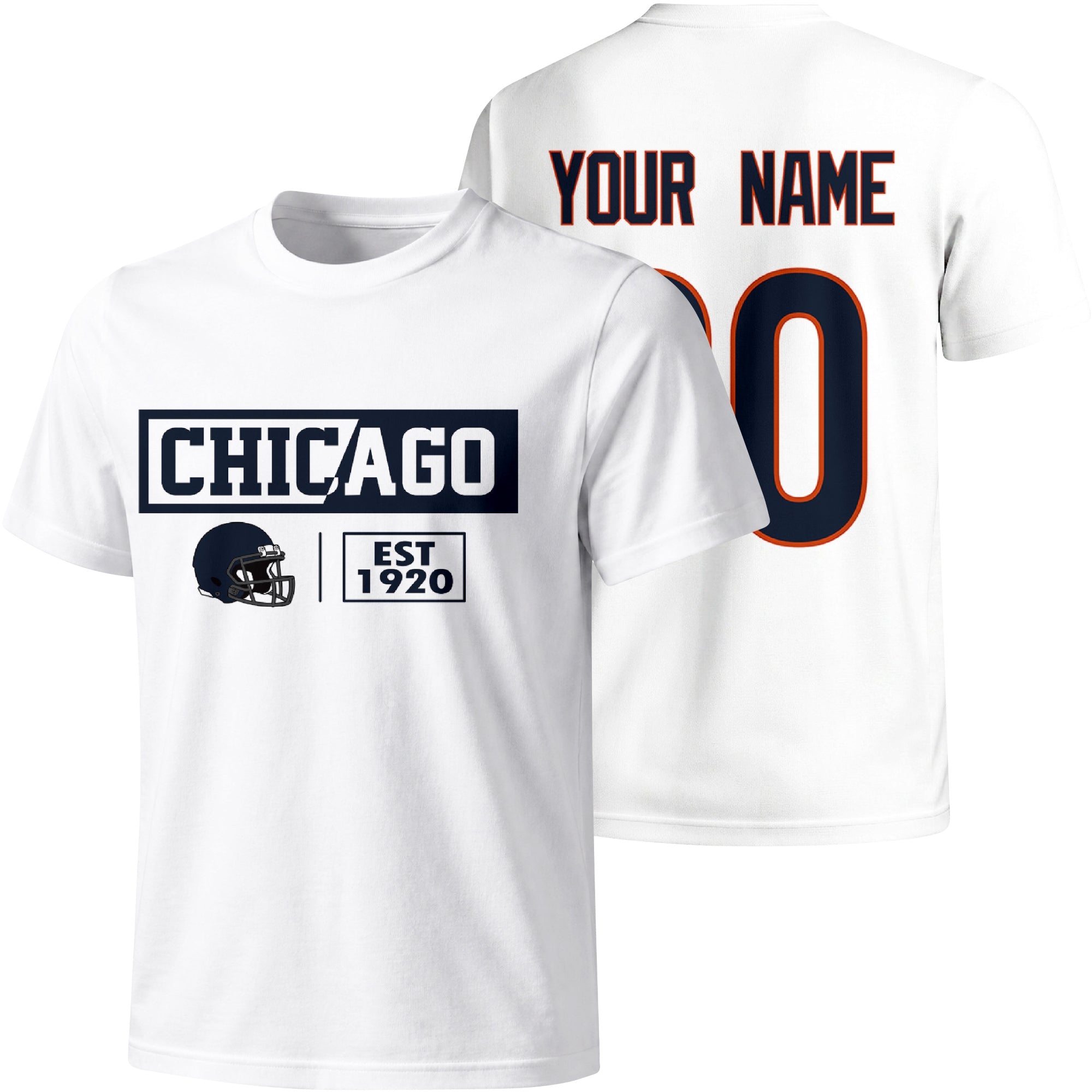 Chicago personalized football badge T shirt in White showing front city helmet design and back custom name and number
