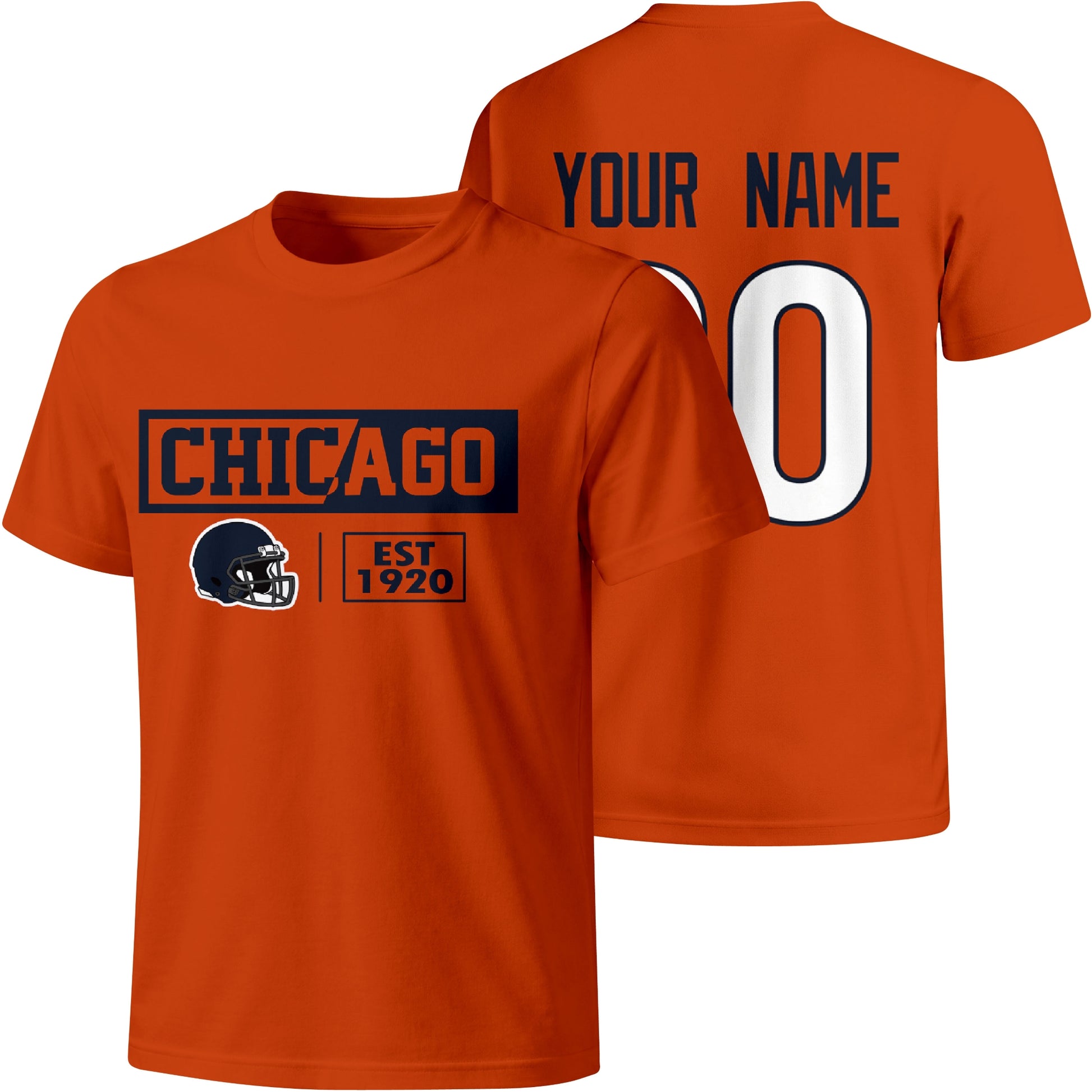 Chicago personalized football badge T shirt in Orange showing front city helmet design and back custom name and number