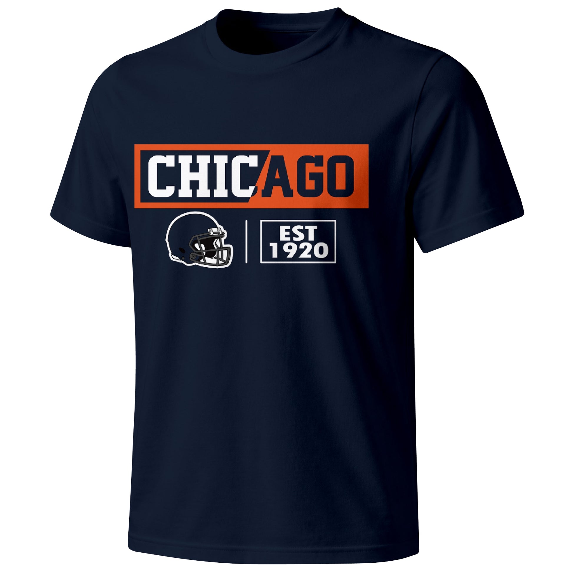 Chicago football badge T shirt in Navy showing the front city and football helmet design