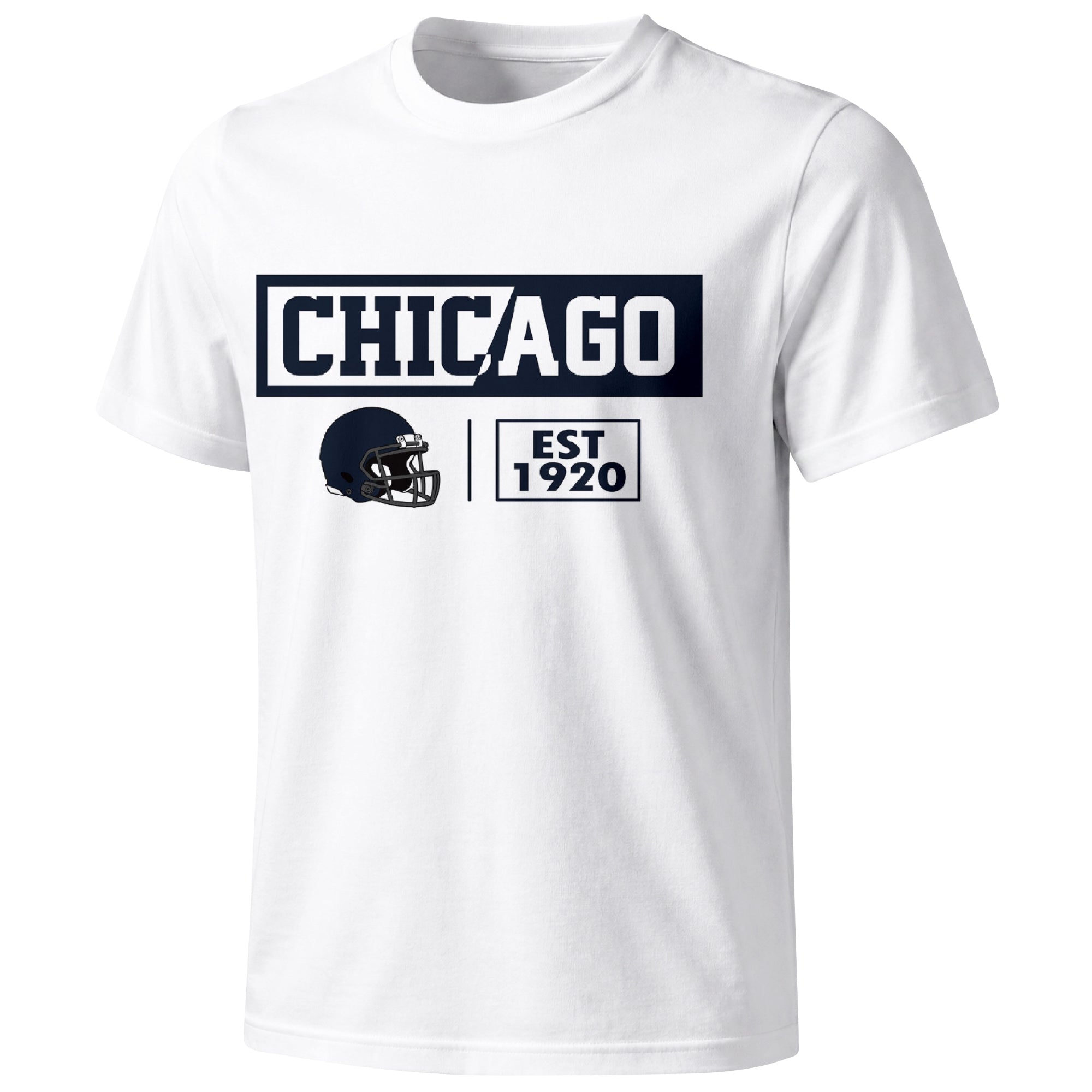 Chicago football badge T shirt in White showing the front city and football helmet design