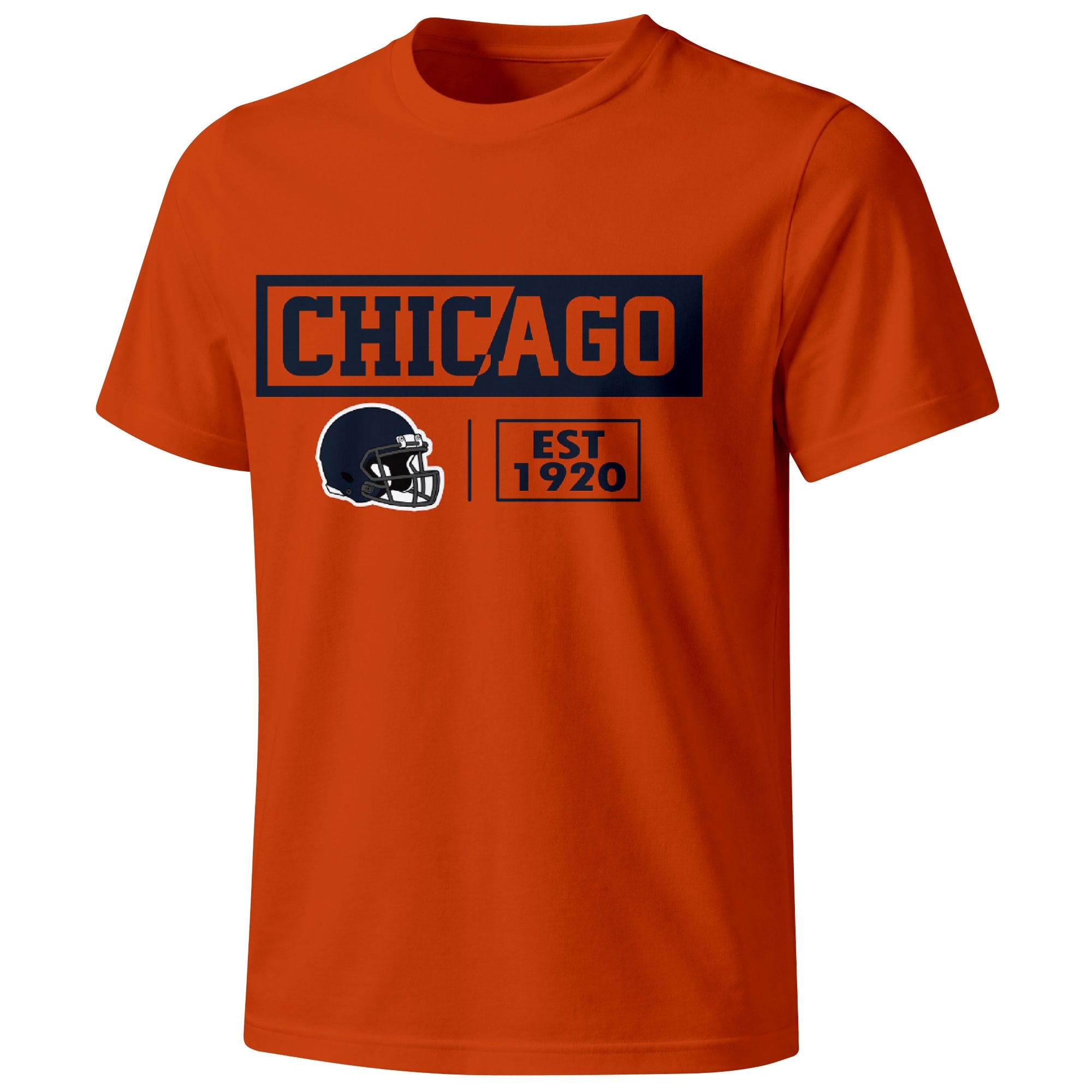 Chicago football badge T shirt in Orange showing the front city and football helmet design