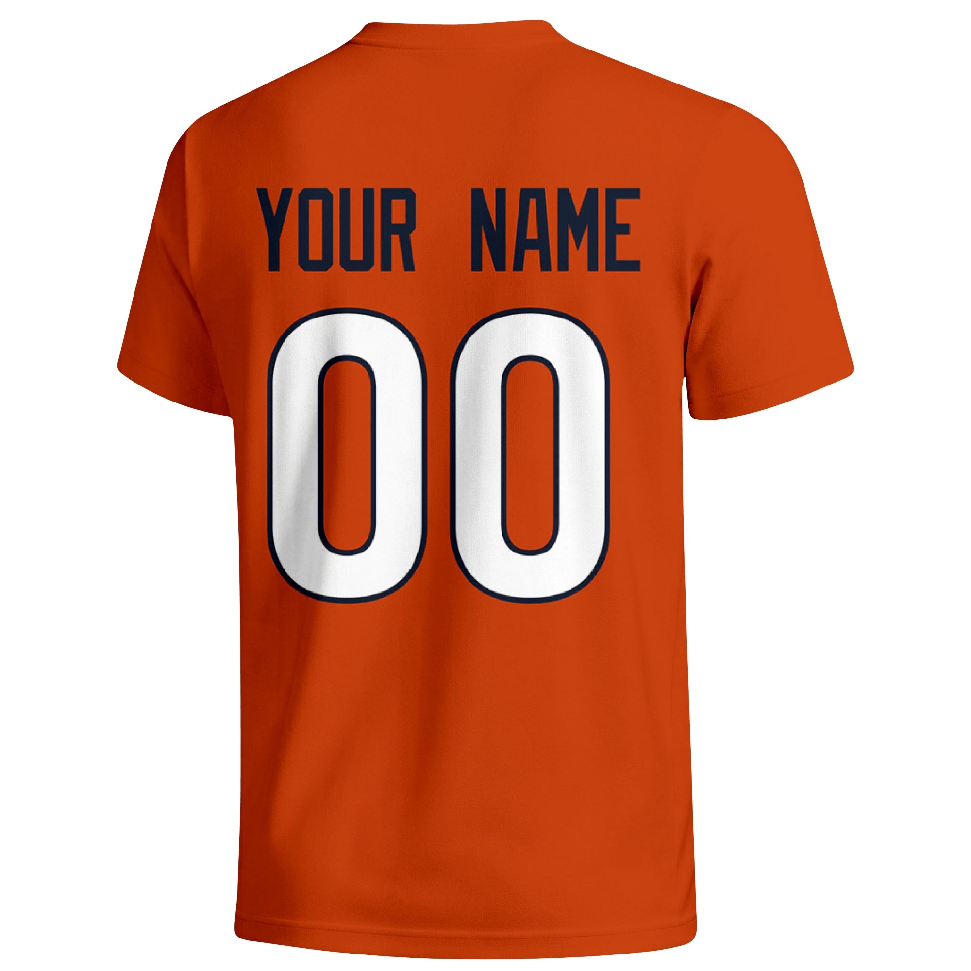 Chicago personalized football badge T shirt in Orange showing the back custom name and number