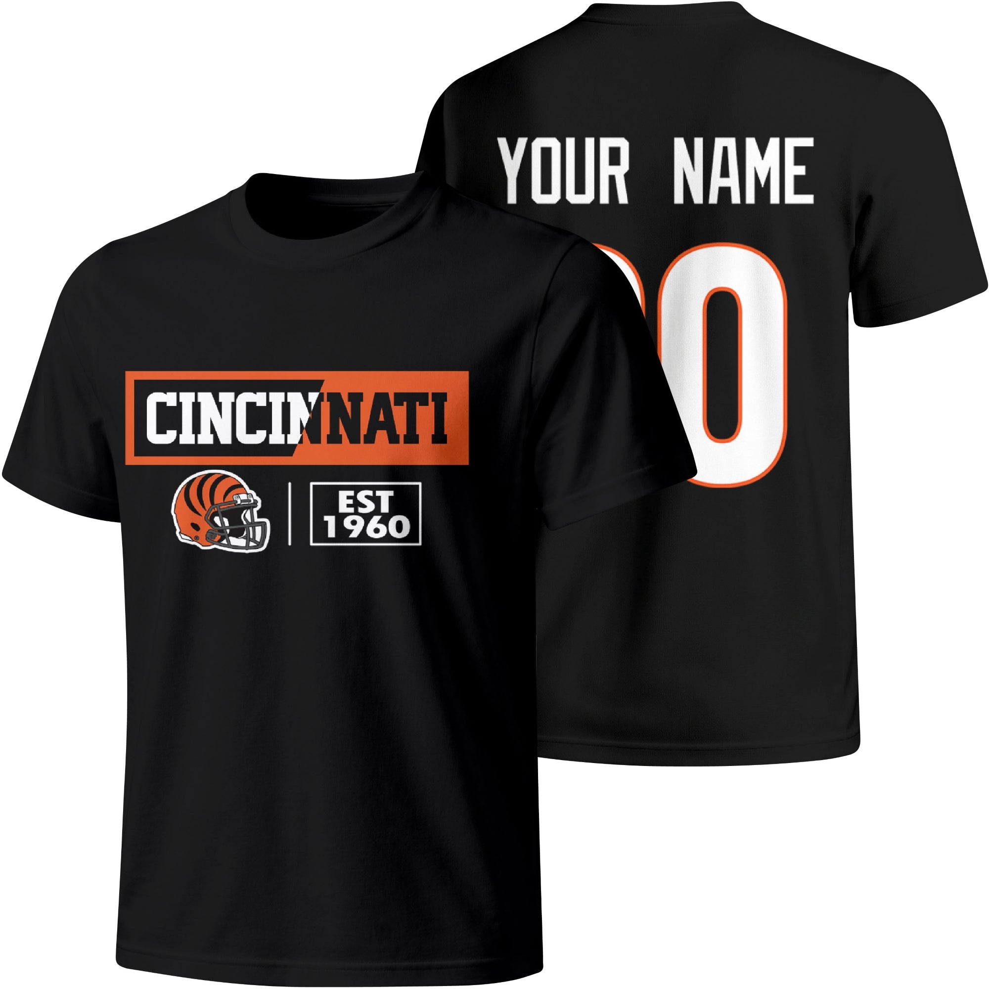 Cincinnati personalized football badge T shirt in Black showing front city helmet design and back custom name and number