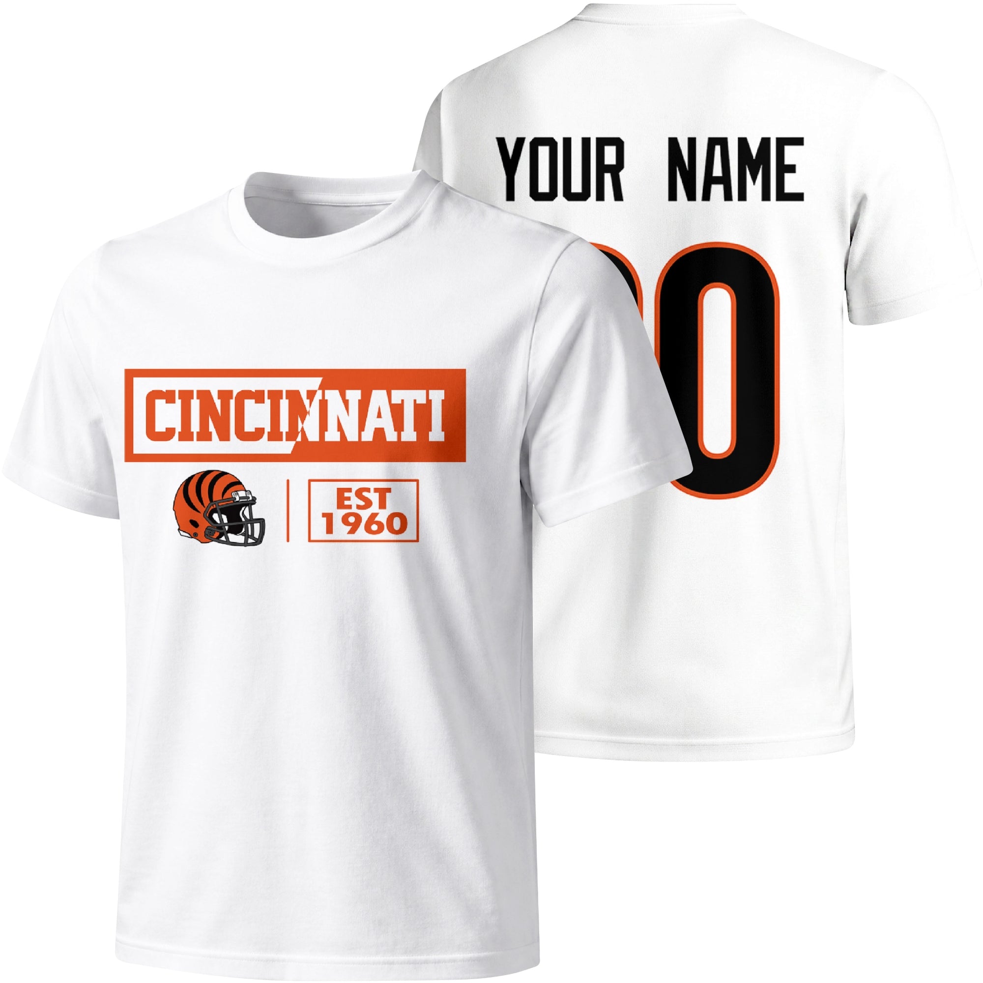 Cincinnati personalized football badge T shirt in White showing front city helmet design and back custom name and number
