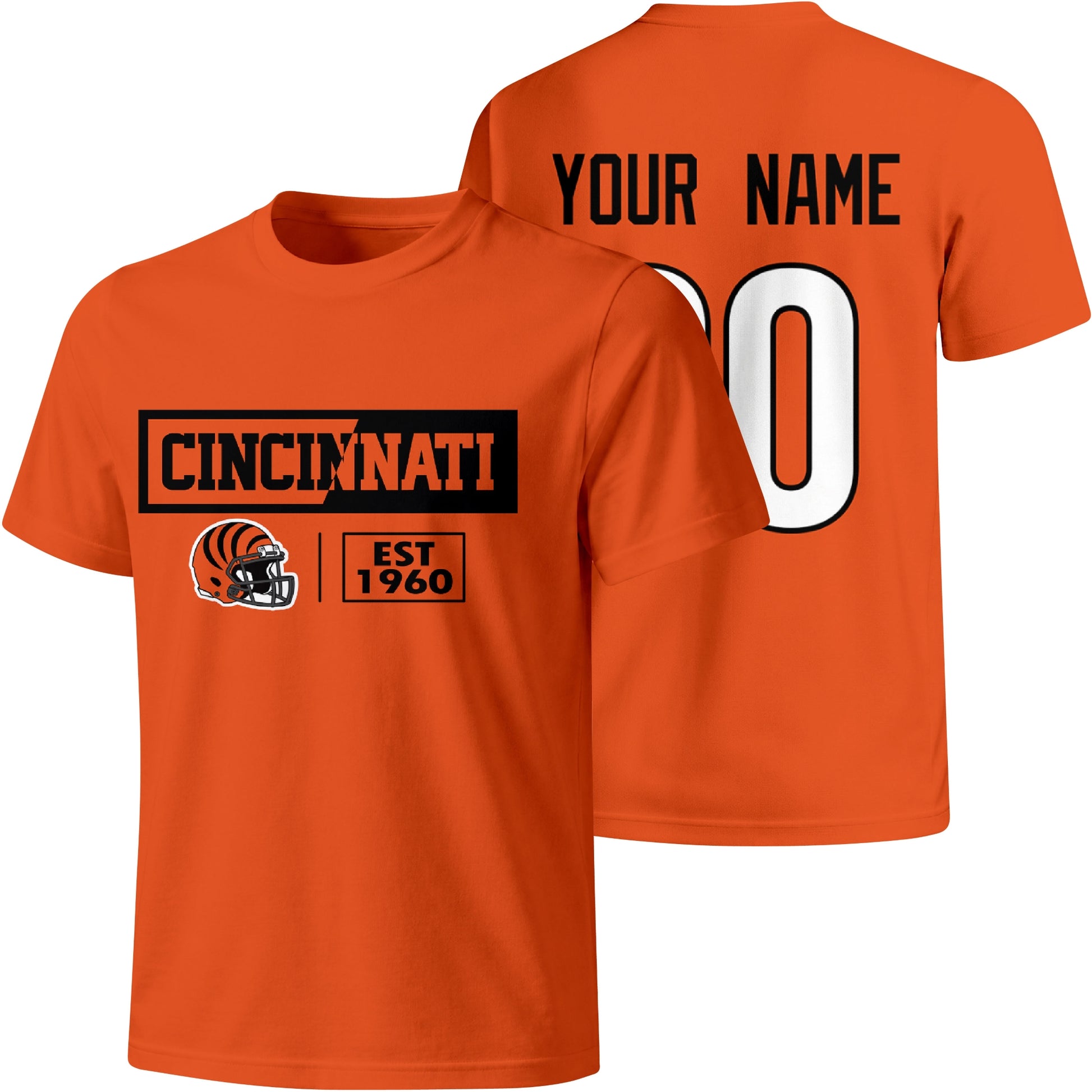 Cincinnati personalized football badge T shirt in Orange showing front city helmet design and back custom name and number