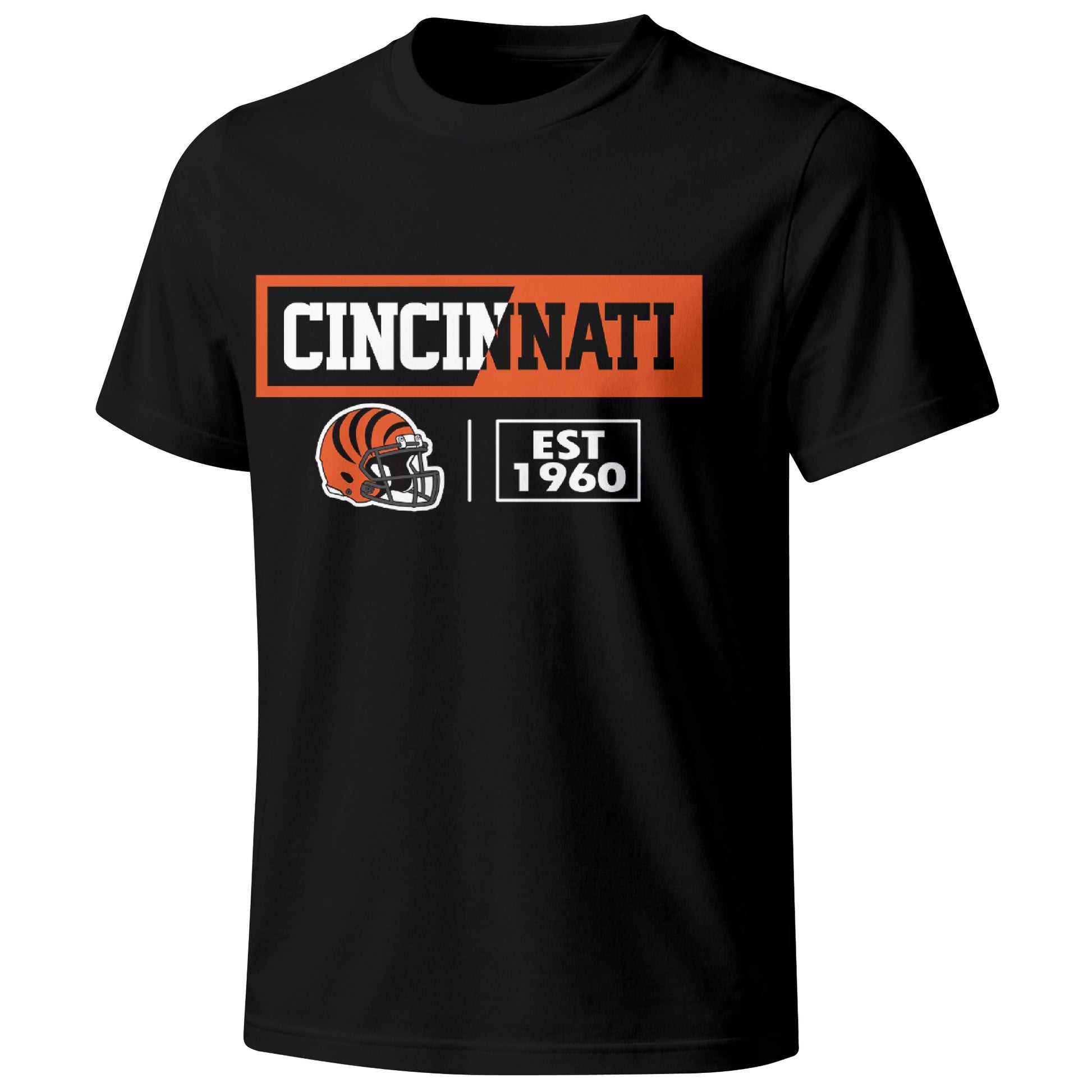 Cincinnati football badge T shirt in Black showing the front city and football helmet design