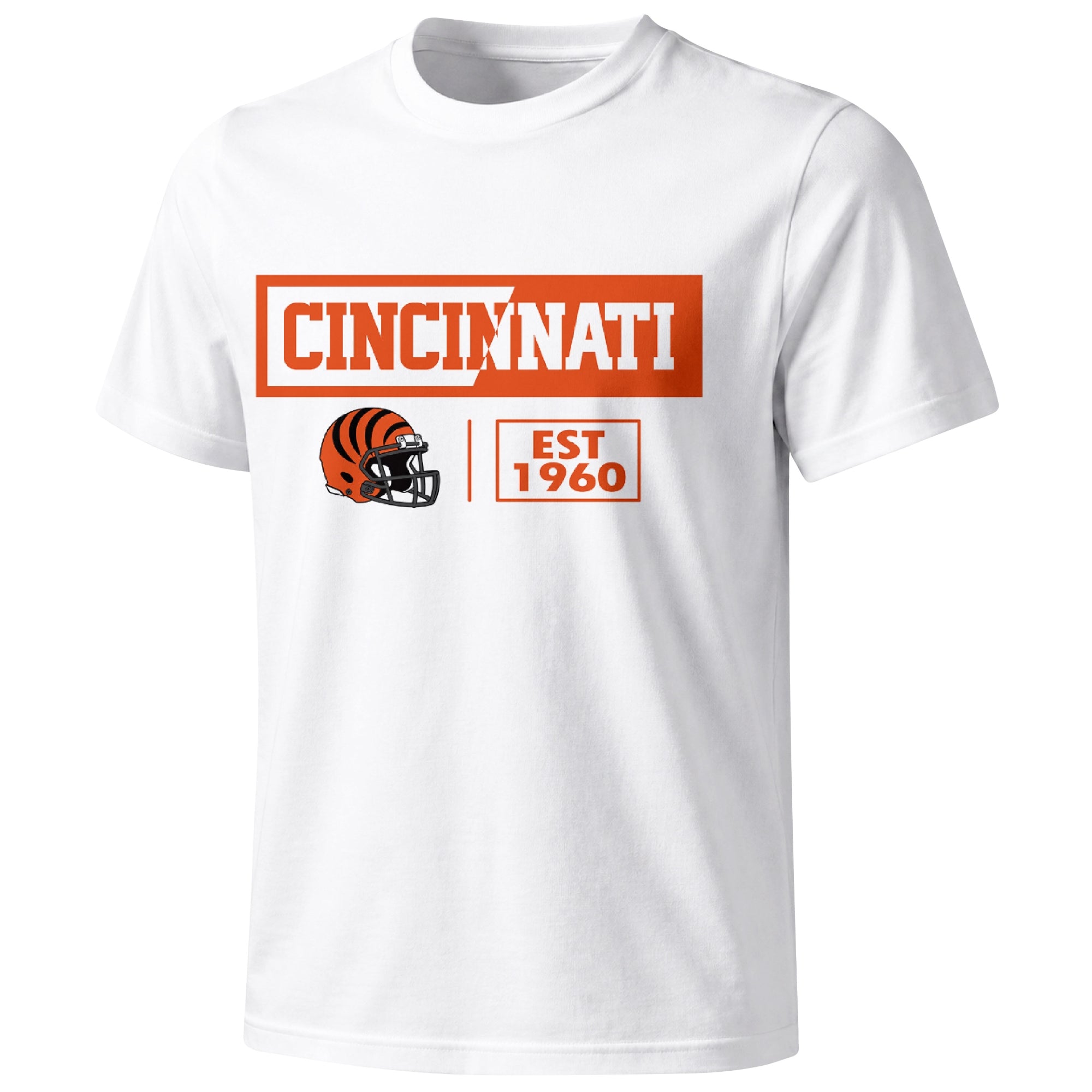 Cincinnati football badge T shirt in White showing the front city and football helmet design