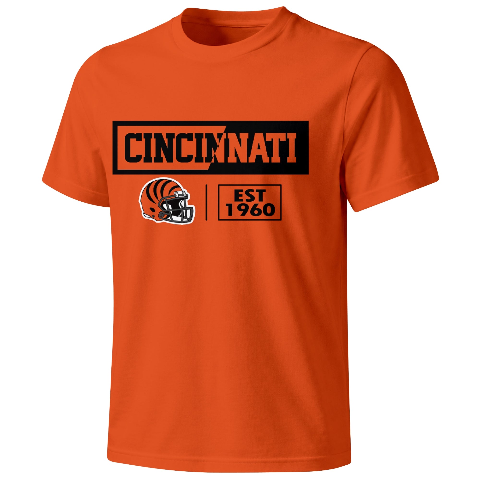 Cincinnati football badge T shirt in Orange showing the front city and football helmet design