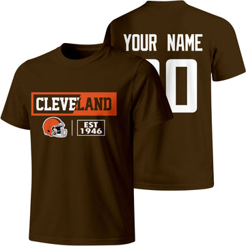 Cleveland personalized football badge T shirt in Brown showing front city helmet design and back custom name and number