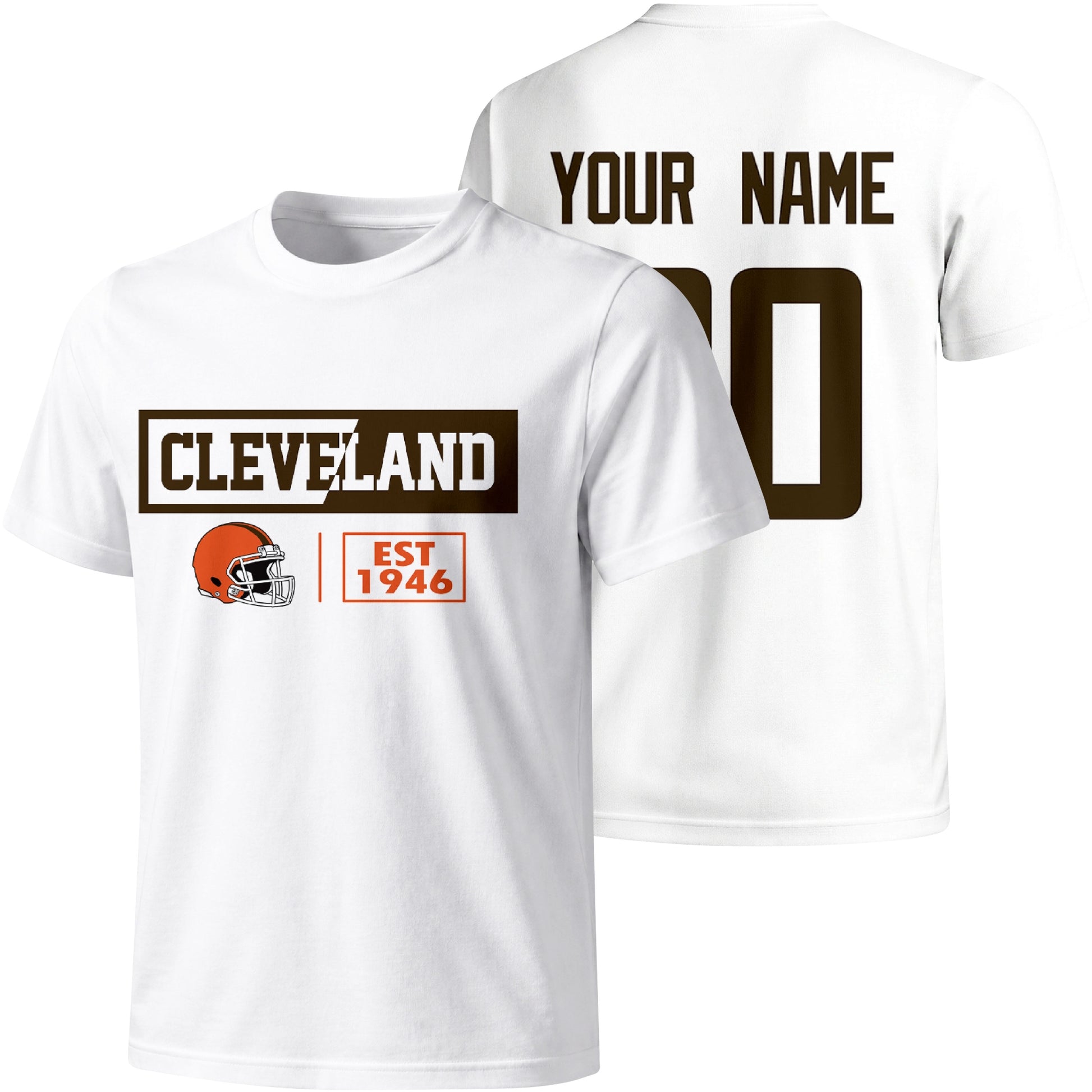 Cleveland personalized football badge T shirt in White showing front city helmet design and back custom name and number