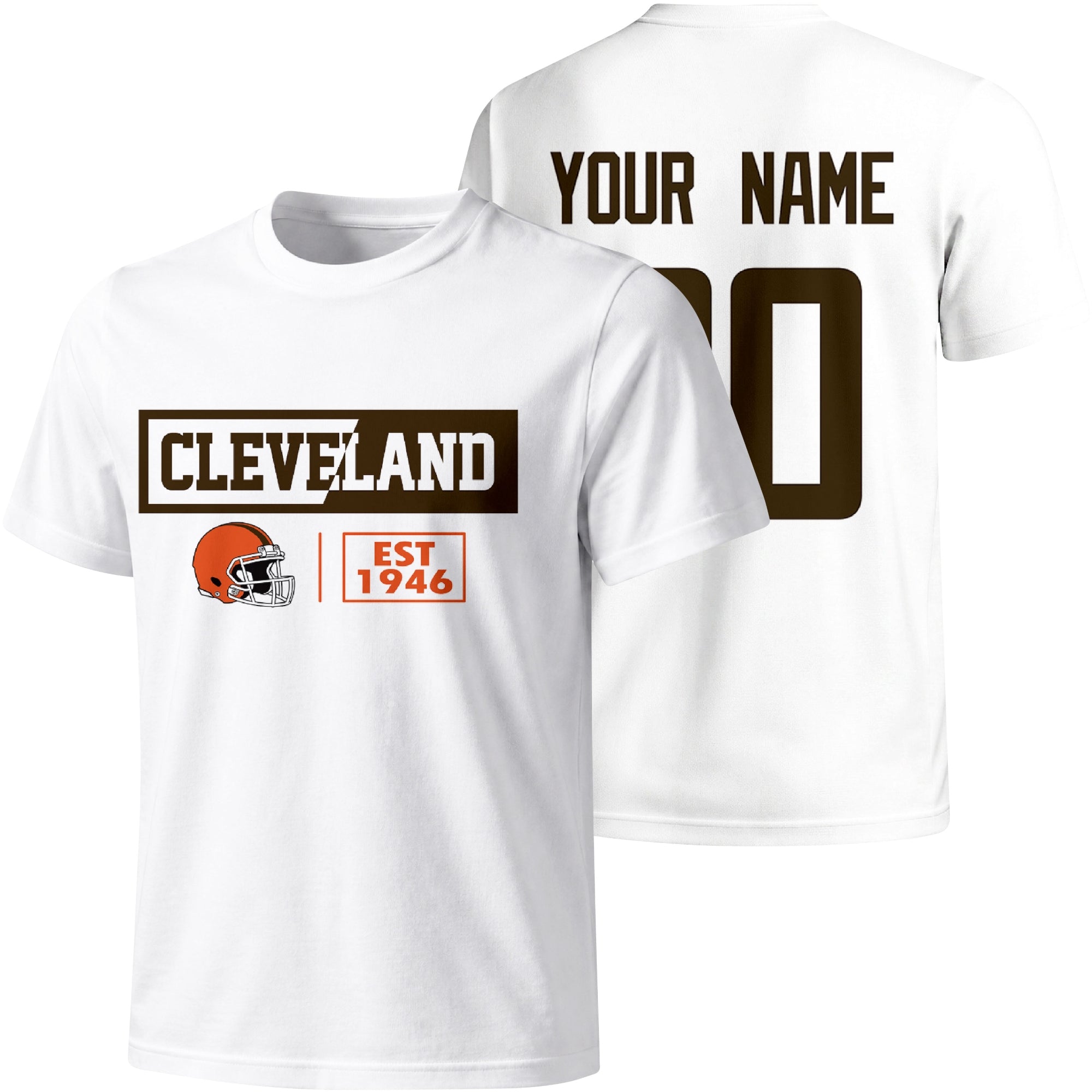 Cleveland personalized football badge T shirt in White showing front city helmet design and back custom name and number
