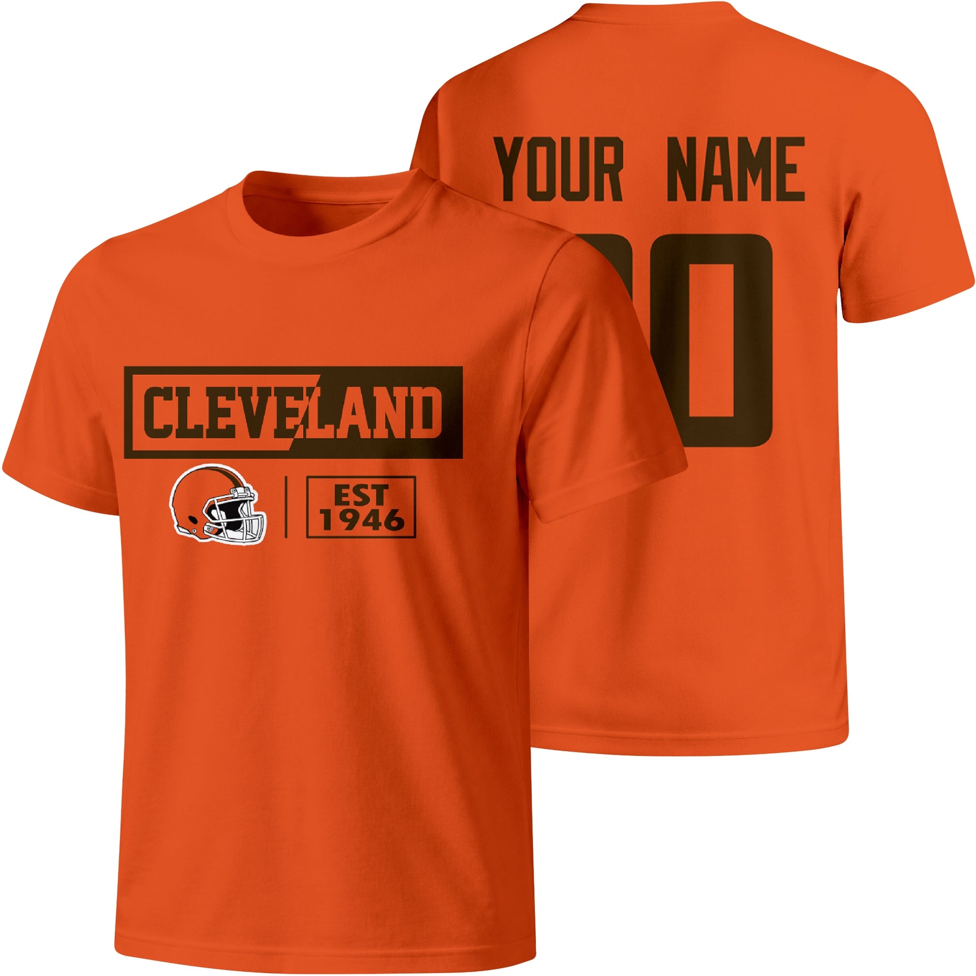 Cleveland personalized football badge T shirt in Orange showing front city helmet design and back custom name and number