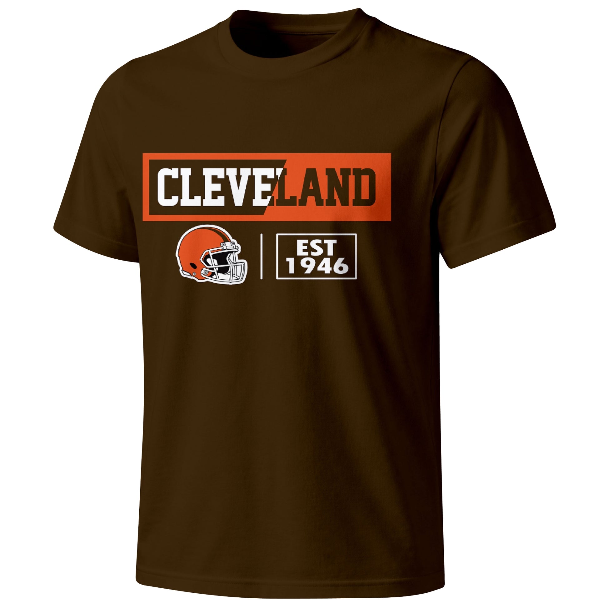 Cleveland football badge T shirt in Brown showing the front city and football helmet design