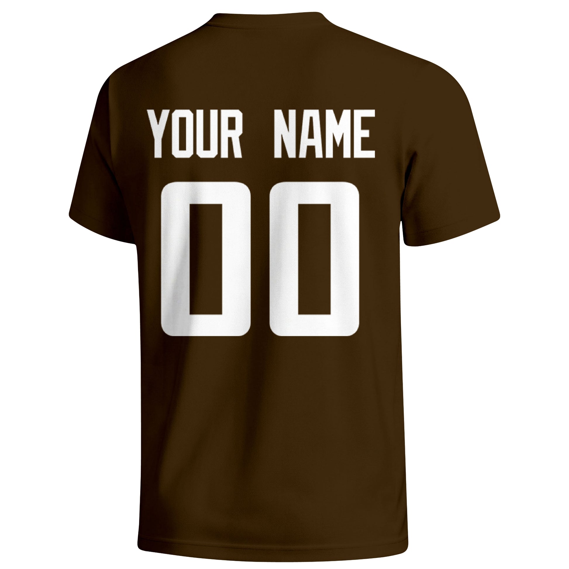 Cleveland personalized football badge T shirt in Brown showing the back custom name and number
