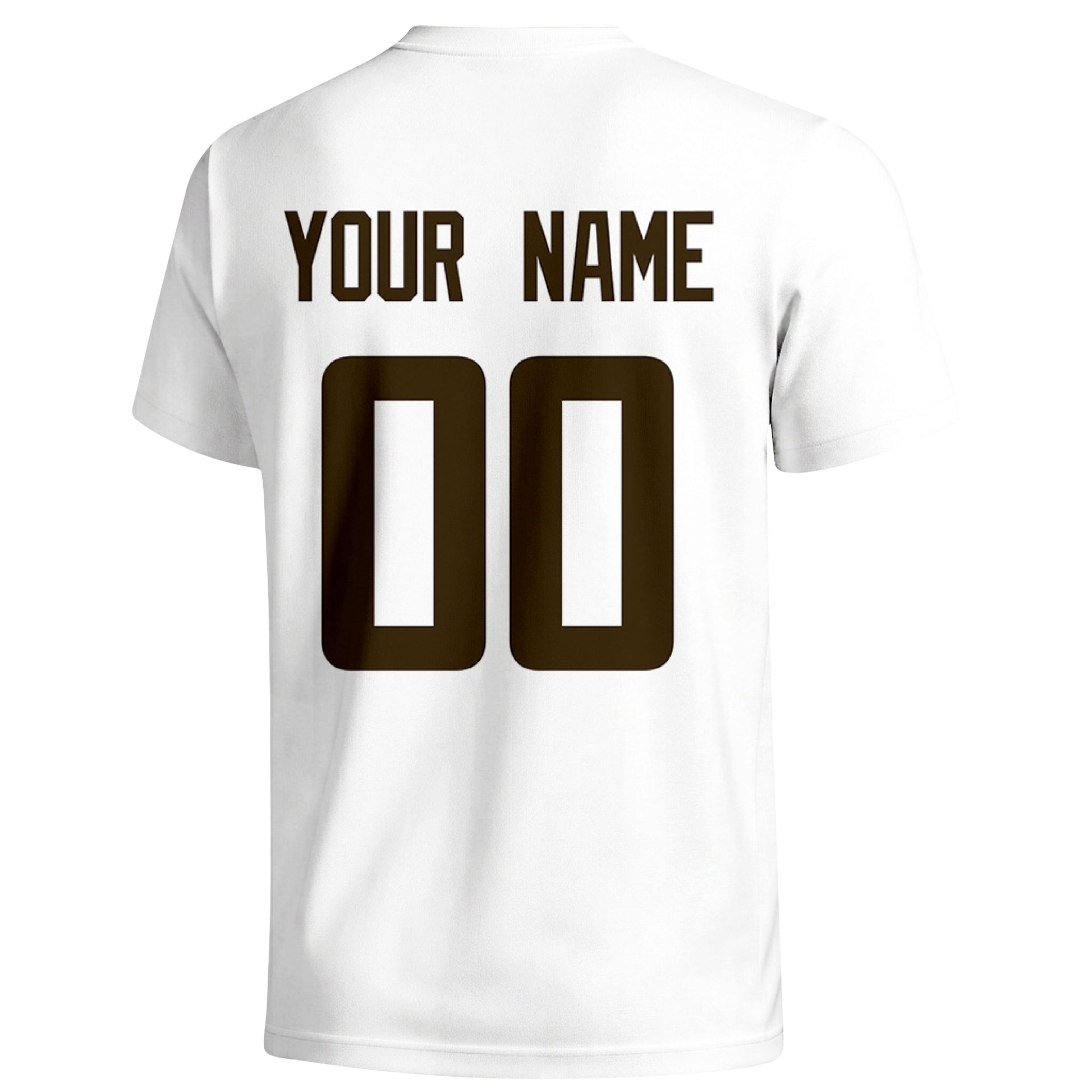 Cleveland personalized football badge T shirt in White showing the back custom name and number