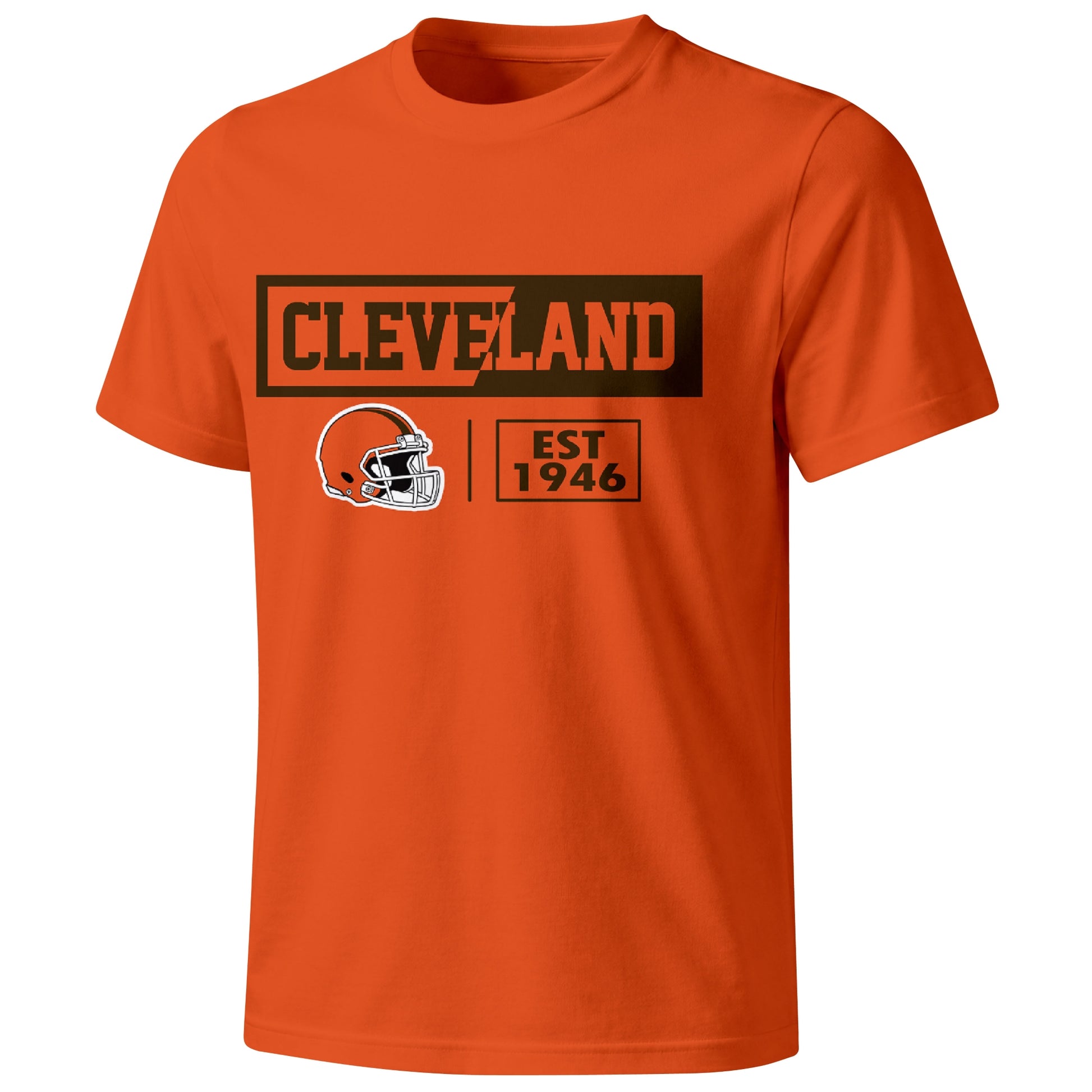 Cleveland football badge T shirt in Orange showing the front city and football helmet design