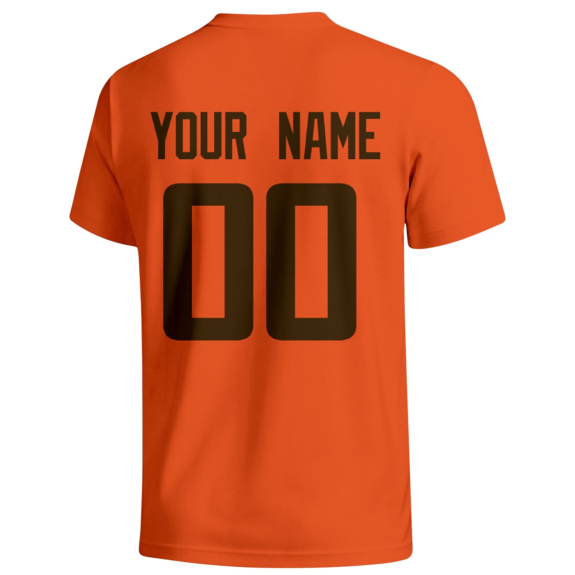 Cleveland personalized football badge T shirt in Orange showing the back custom name and number