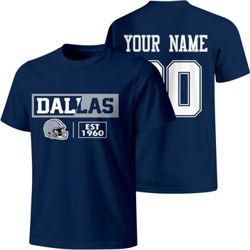 Dallas personalized football badge T shirt in Navy showing front city helmet design and back custom name and number