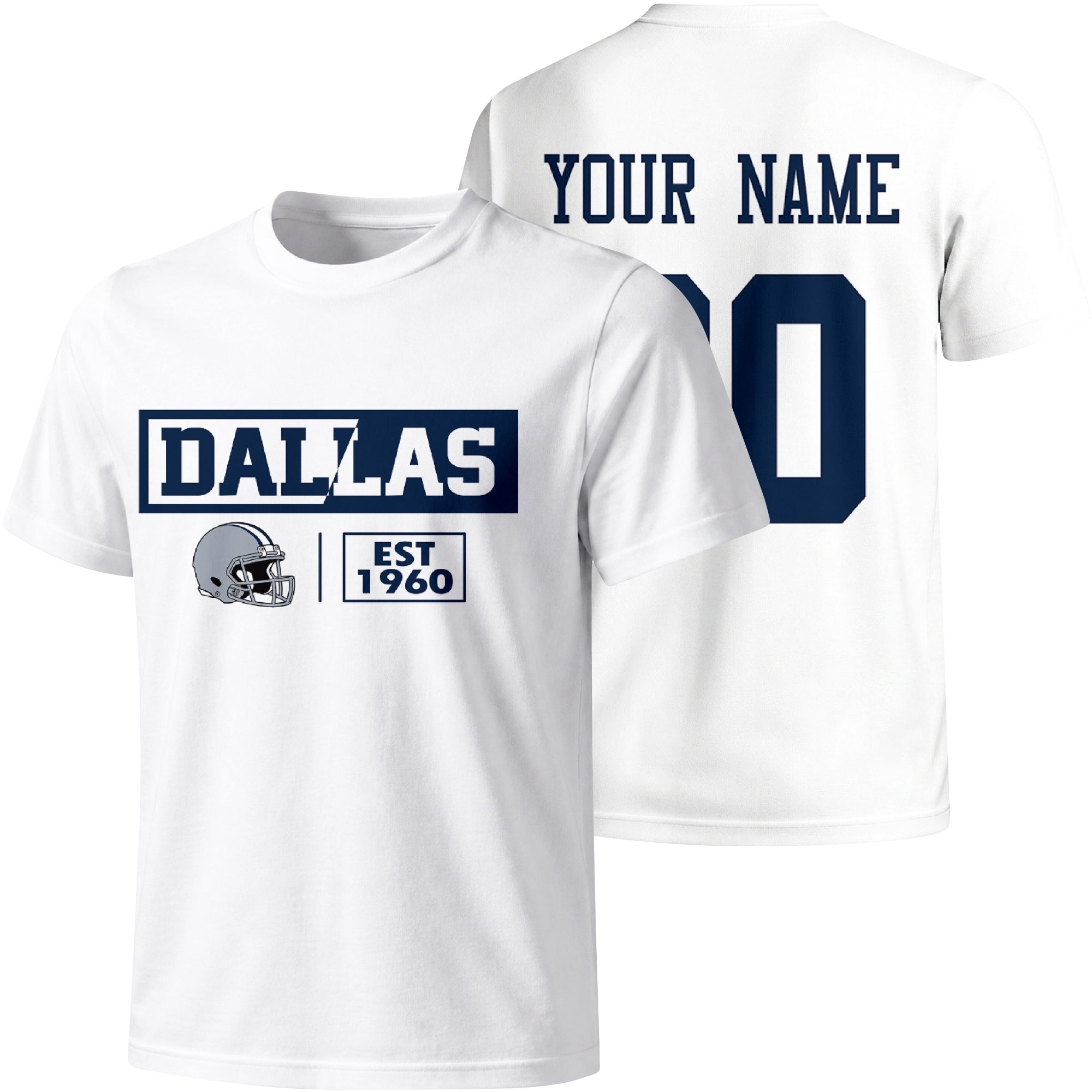 Dallas personalized football badge T shirt in White showing front city helmet design and back custom name and number
