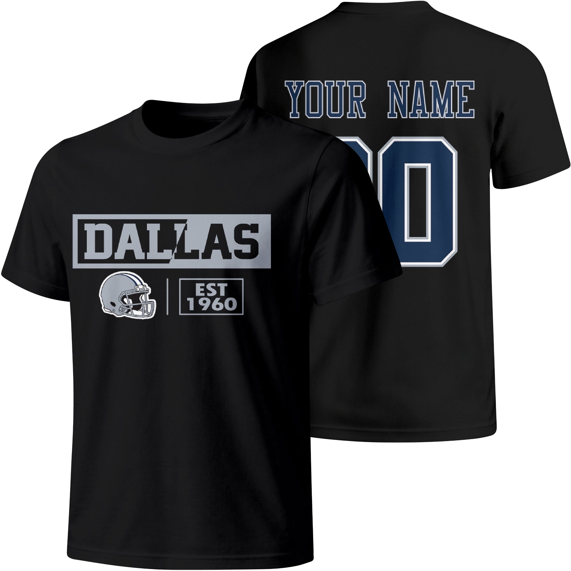 Dallas personalized football badge T shirt in Black showing front city helmet design and back custom name and number
