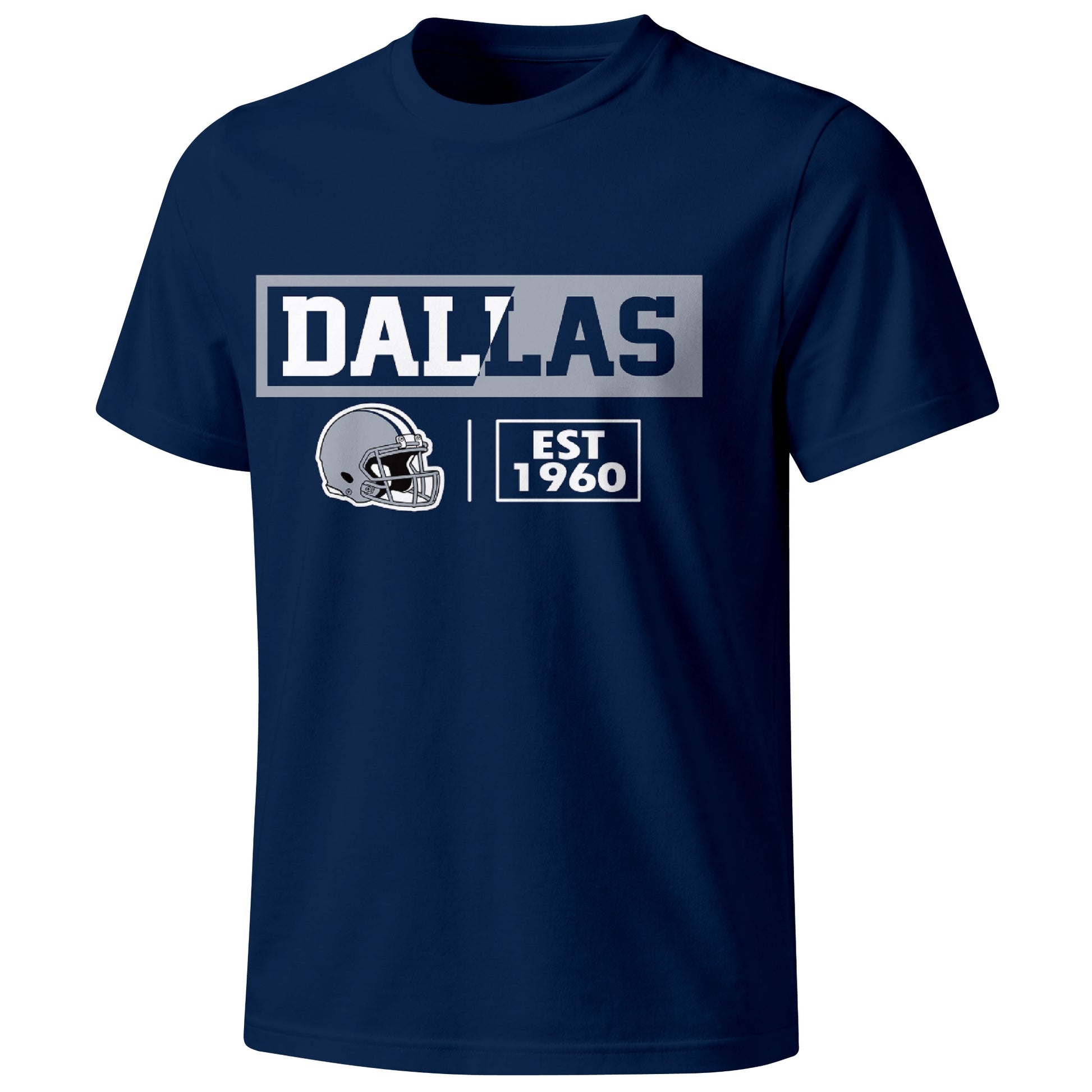 Dallas football badge T shirt in Navy showing the front city and football helmet design