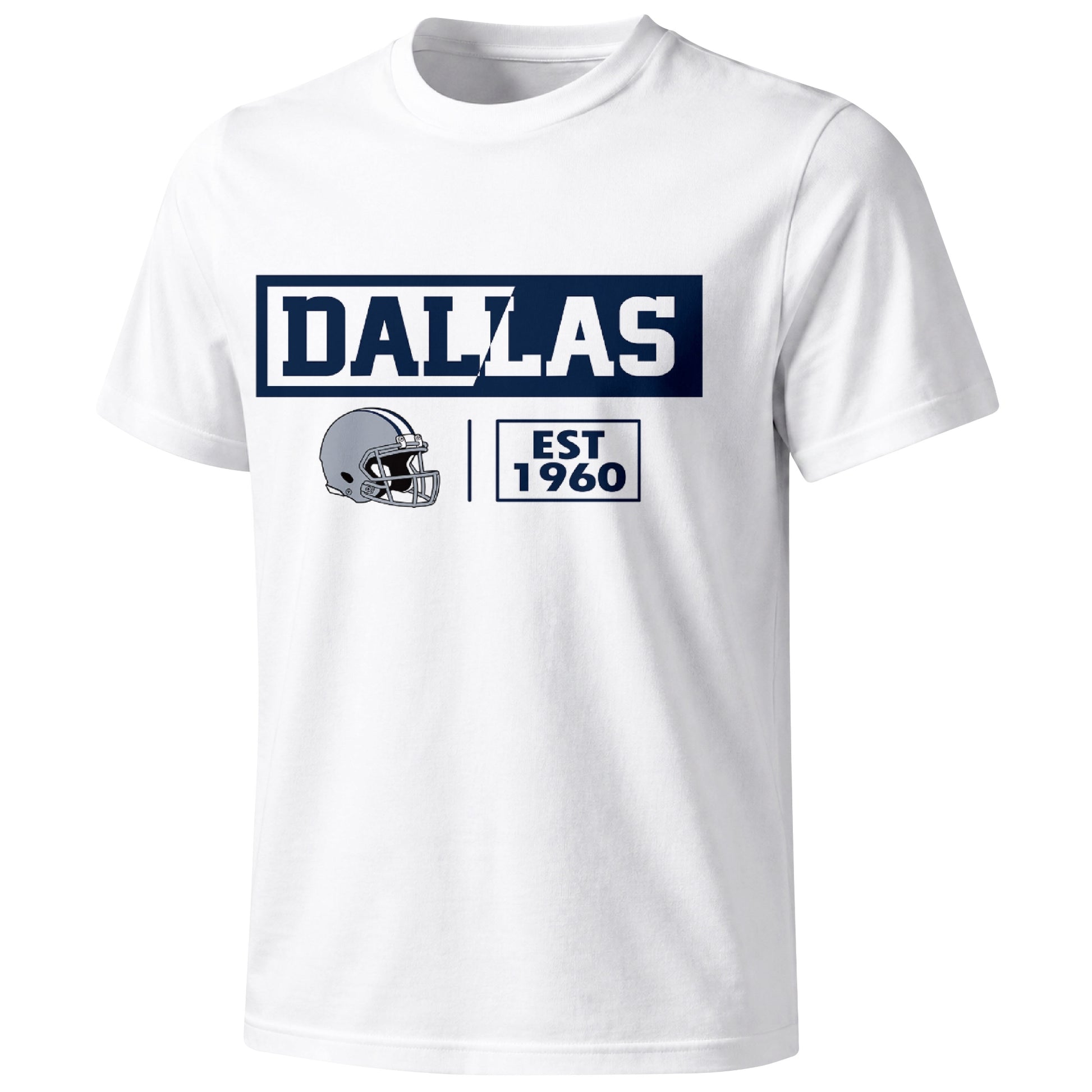 Dallas football badge T shirt in White showing the front city and football helmet design