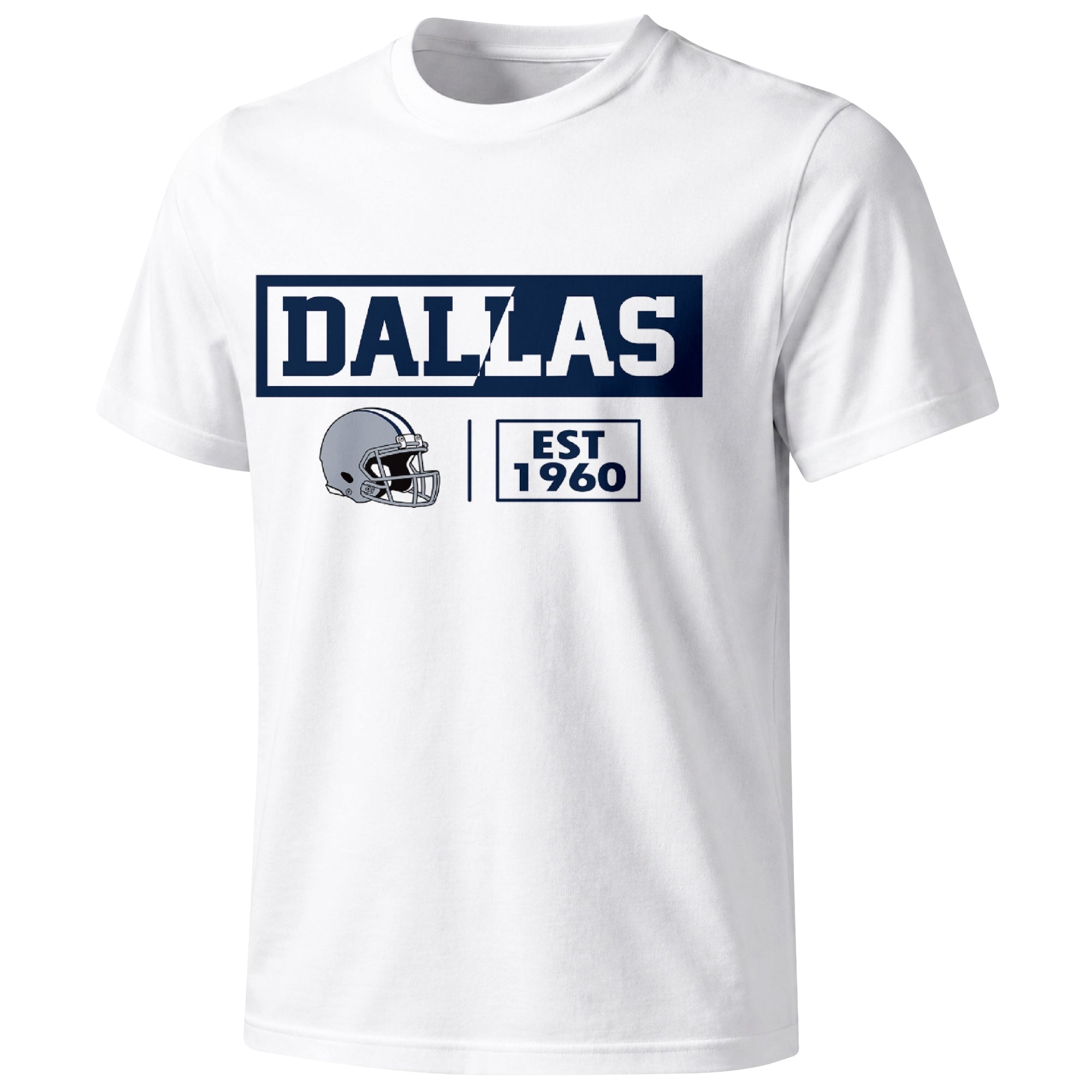 Dallas football badge T shirt in White showing the front city and football helmet design