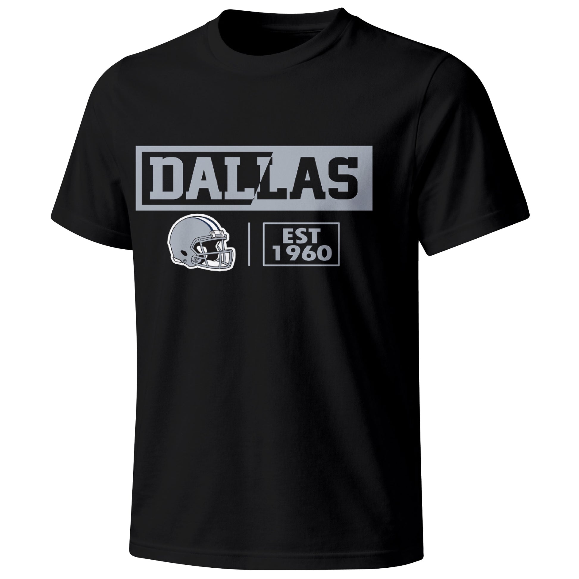 Dallas football badge T shirt in Black showing the front city and football helmet design