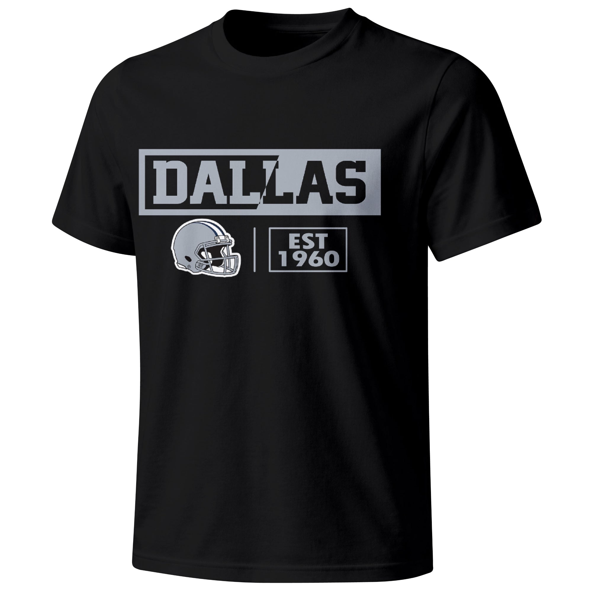 Dallas football badge T shirt in Black showing the front city and football helmet design