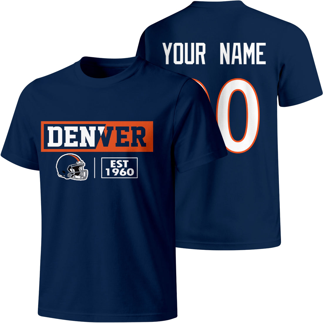 Denver personalized football badge T shirt in Navy showing front city helmet design and back custom name and number