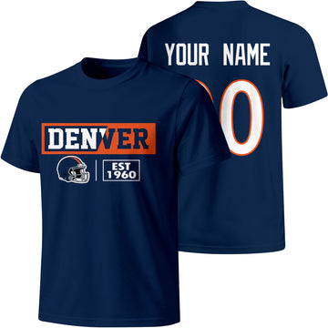 Denver personalized football badge T shirt in Navy showing front city helmet design and back custom name and number