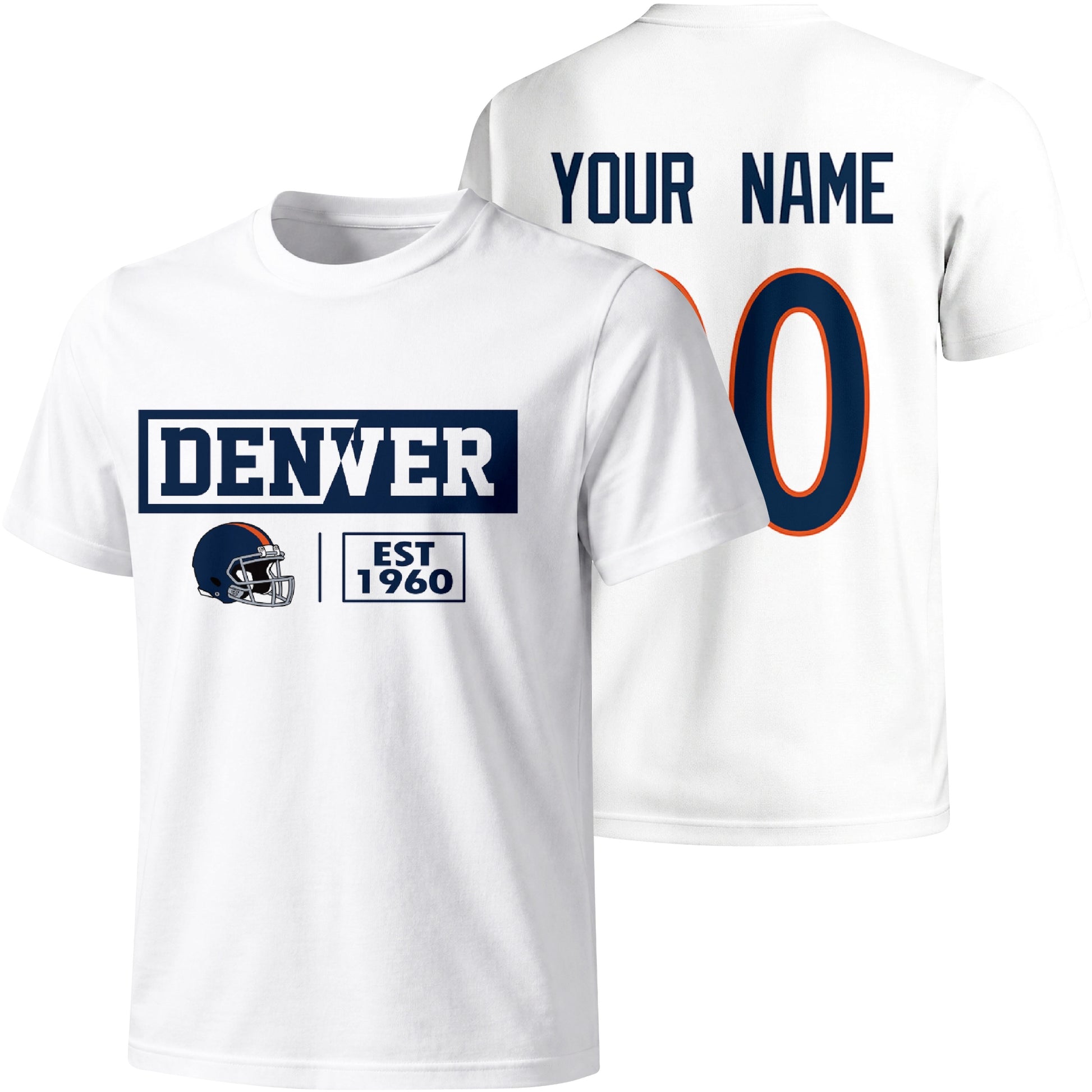 Denver personalized football badge T shirt in White showing front city helmet design and back custom name and number