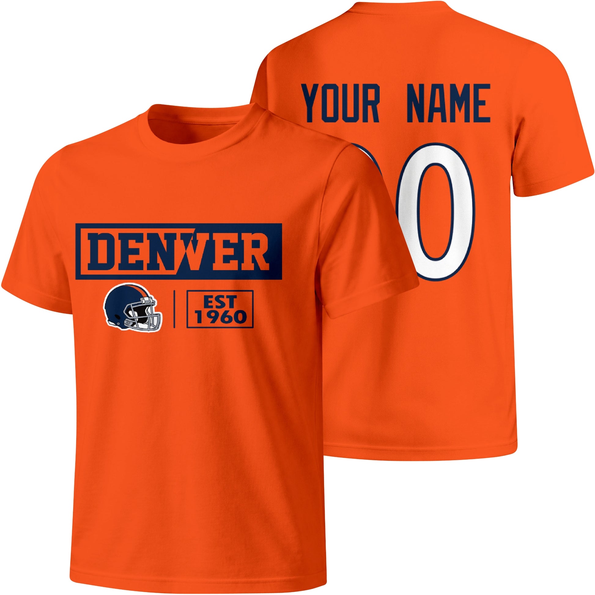 Denver personalized football badge T shirt in Orange showing front city helmet design and back custom name and number
