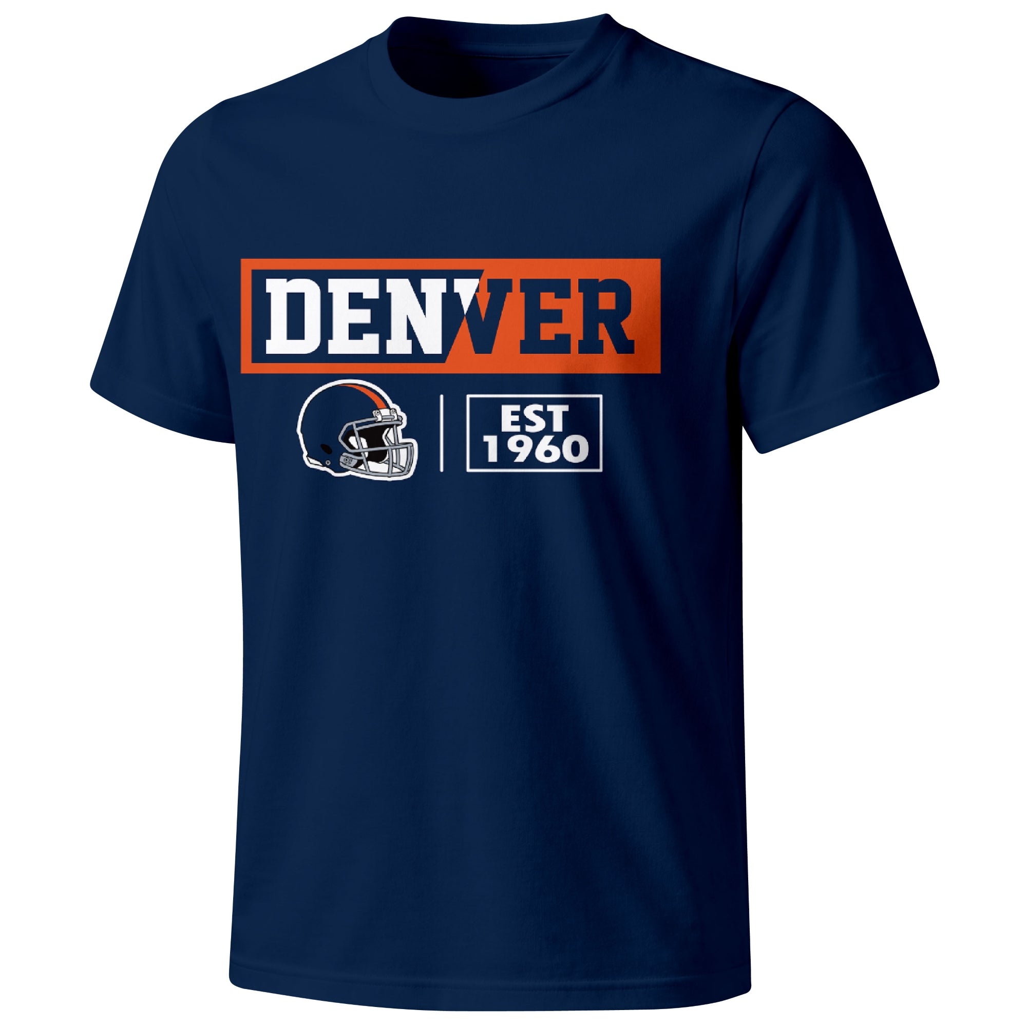 Denver football badge T shirt in Navy showing the front city and football helmet design
