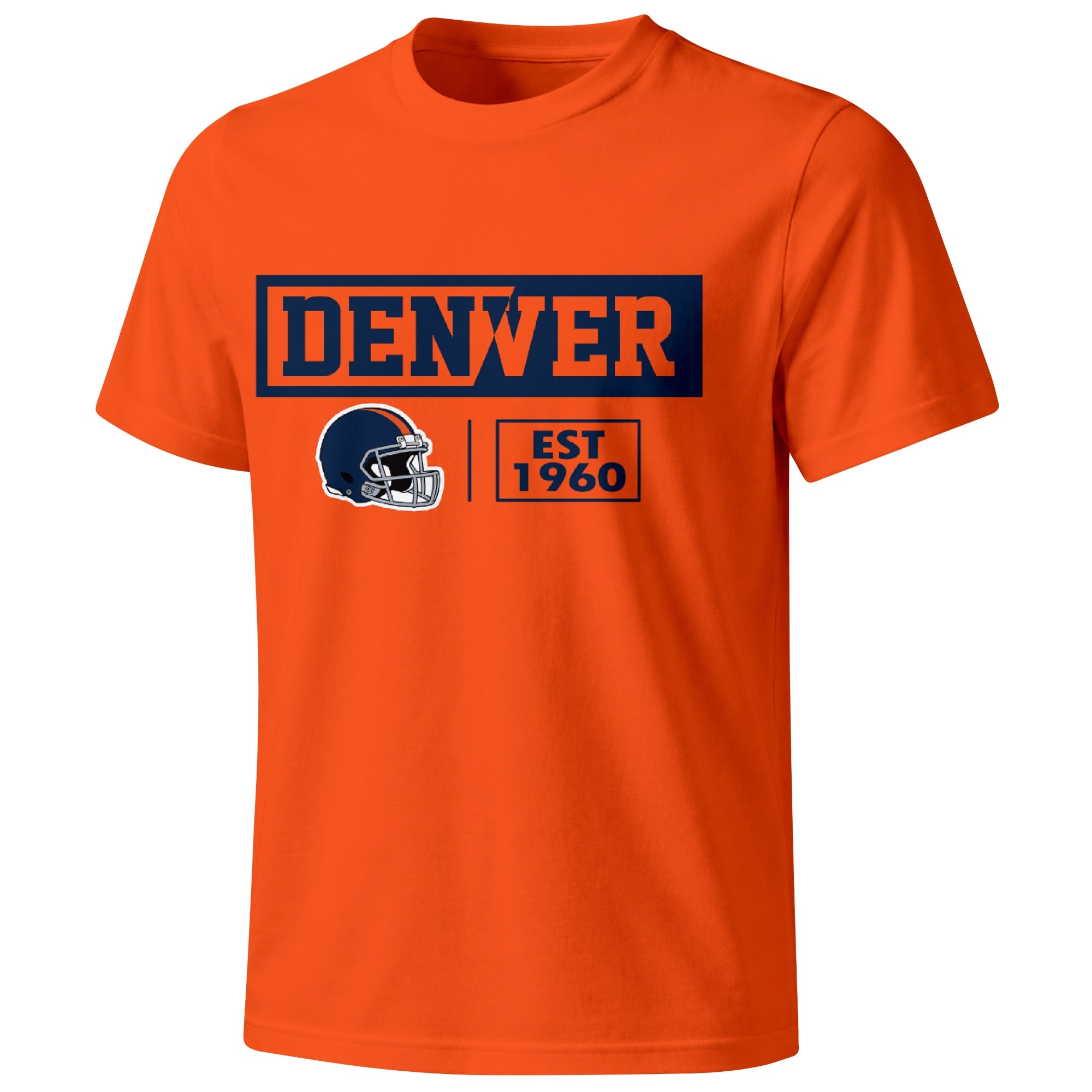 Denver football badge T shirt in Orange showing the front city and football helmet design