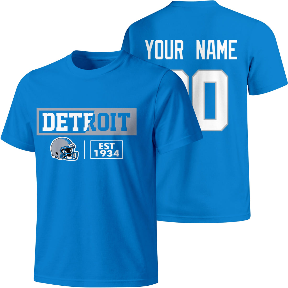 Detroit personalized football badge T shirt in Blue showing front city helmet design and back custom name and number