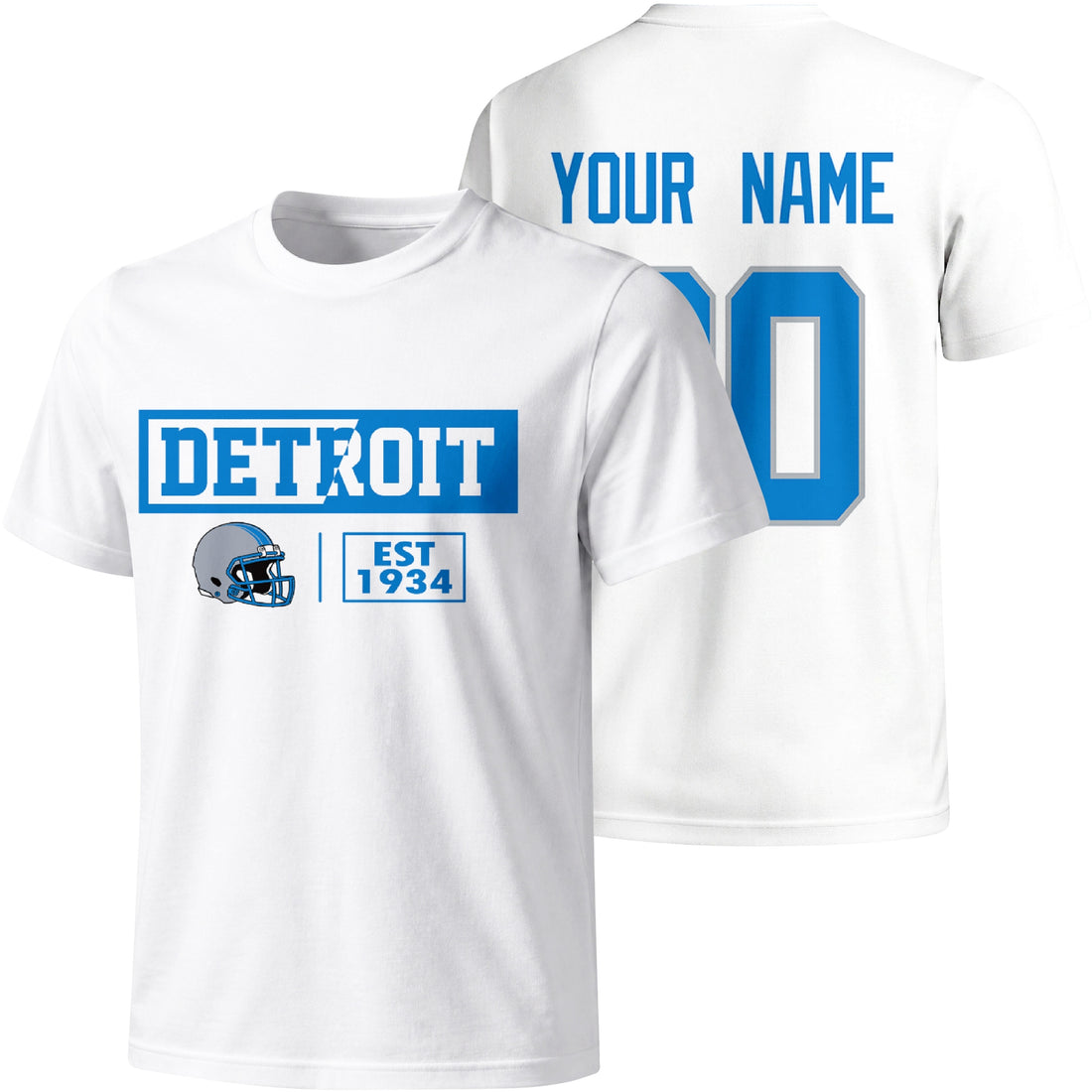 Detroit personalized football badge T shirt in Blue showing front city helmet design and back custom name and number