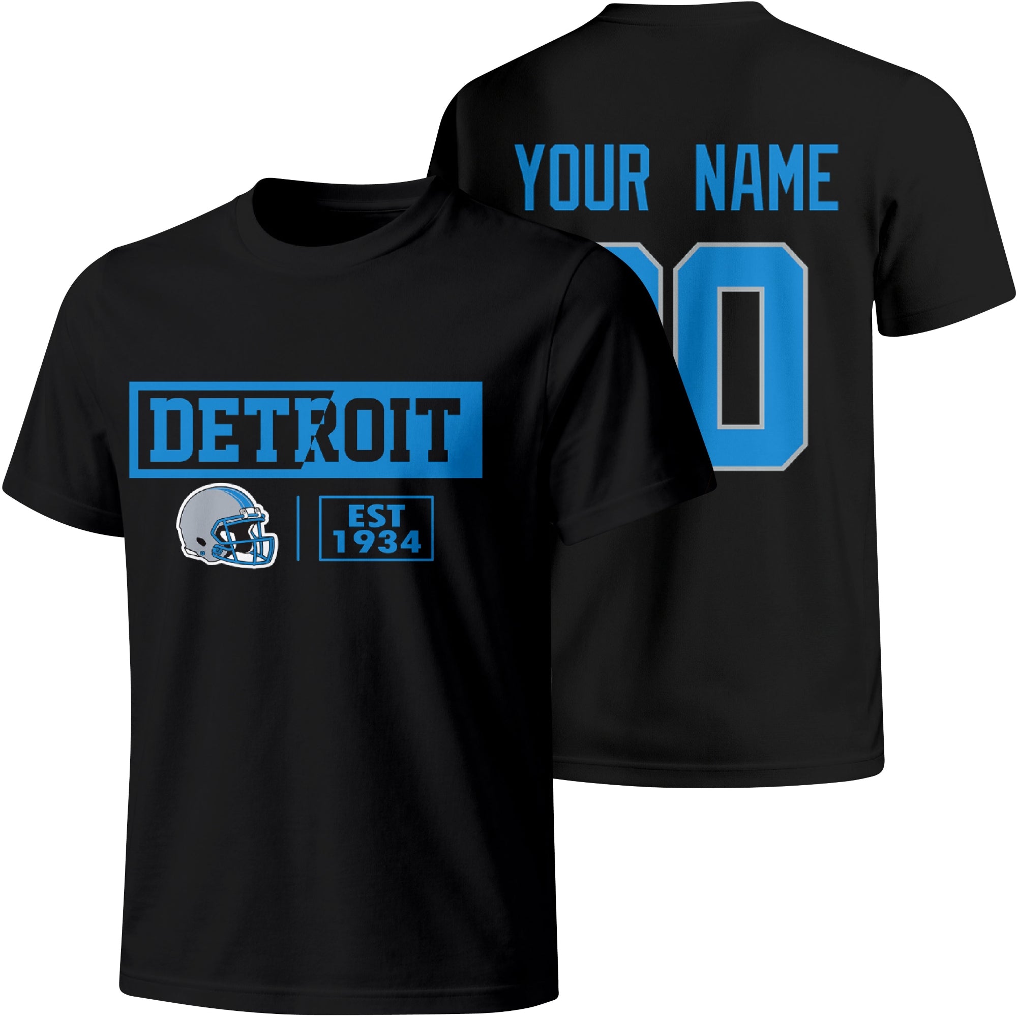 Detroit personalized football badge T shirt in Black showing front city helmet design and back custom name and number