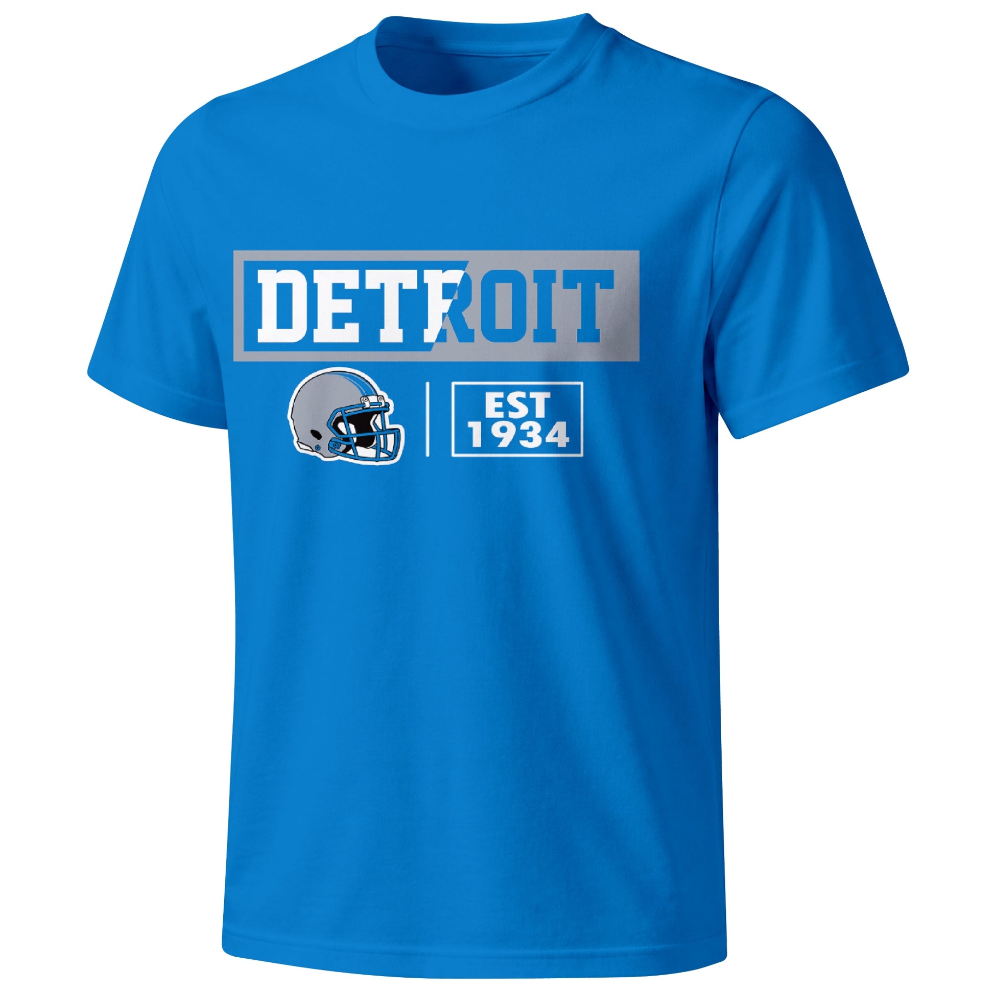 Detroit football badge T shirt in Blue showing the front city and football helmet design