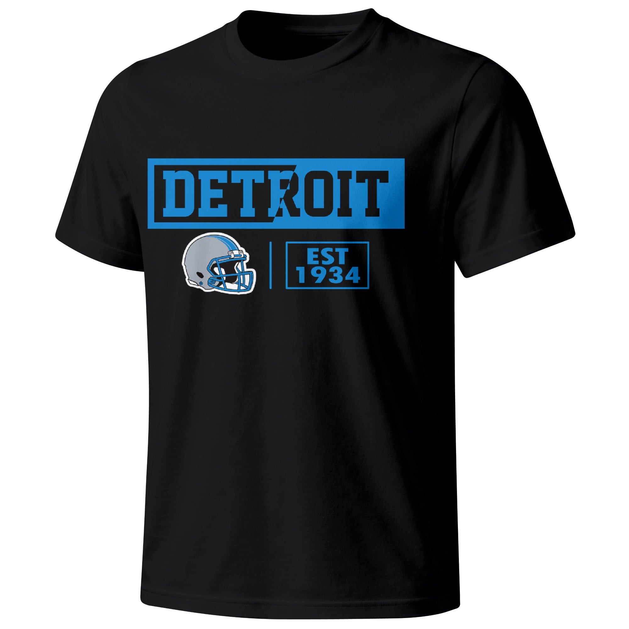 Detroit football badge T shirt in Black showing the front city and football helmet design