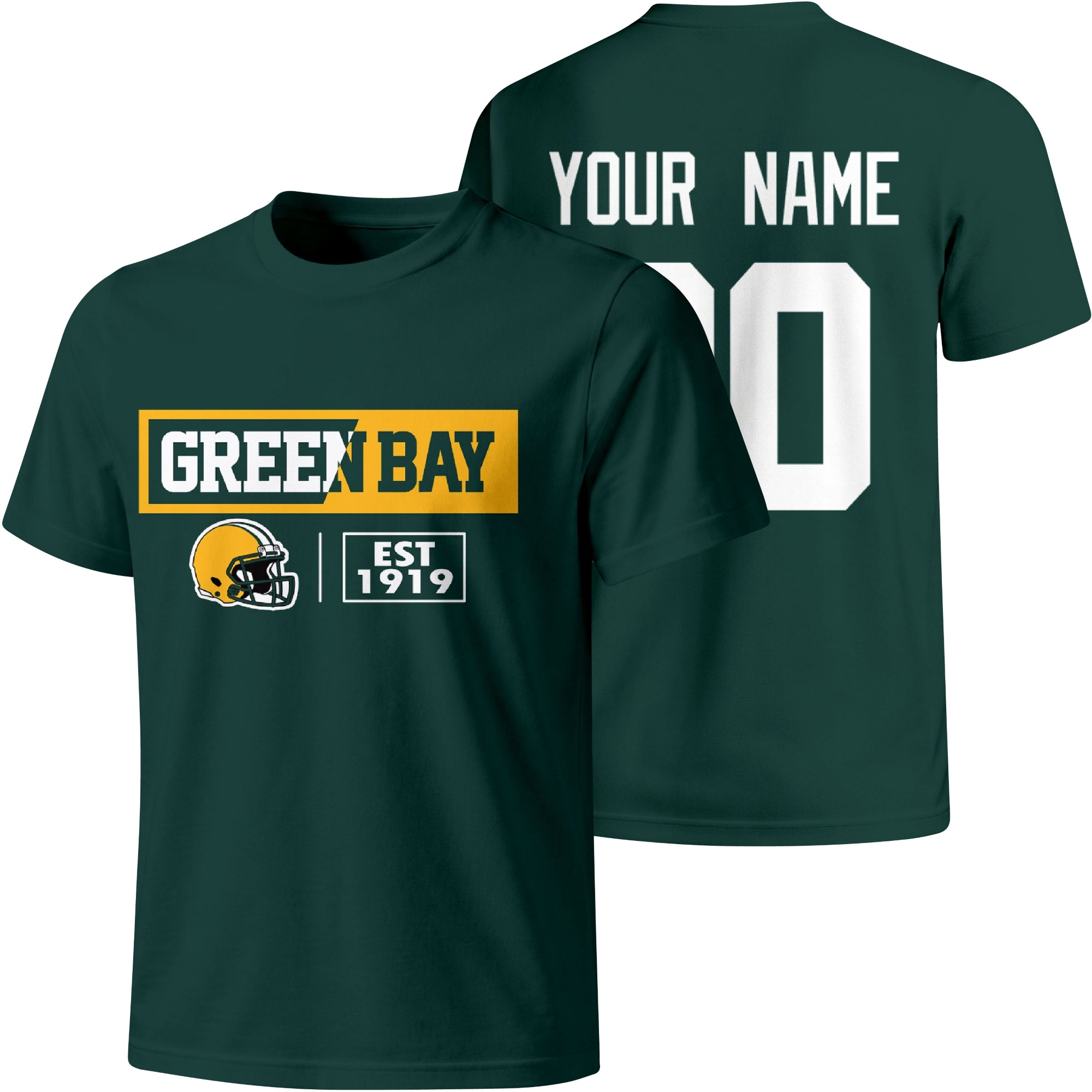 Green Bay personalized football badge T shirt in Green showing front city helmet design and back custom name and number