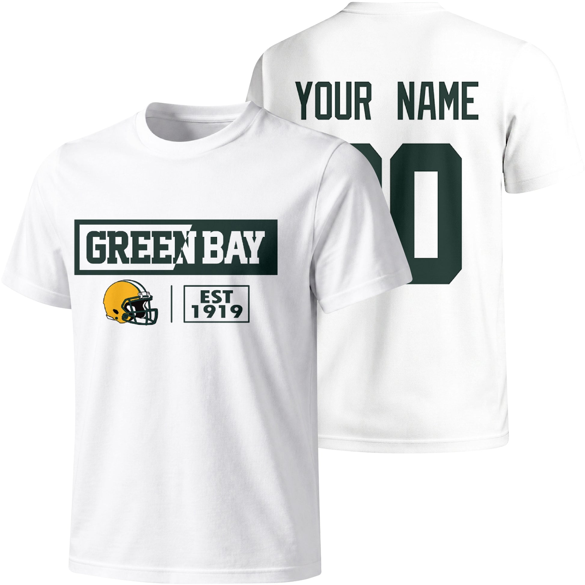 Green Bay personalized football badge T shirt in White showing front city helmet design and back custom name and number