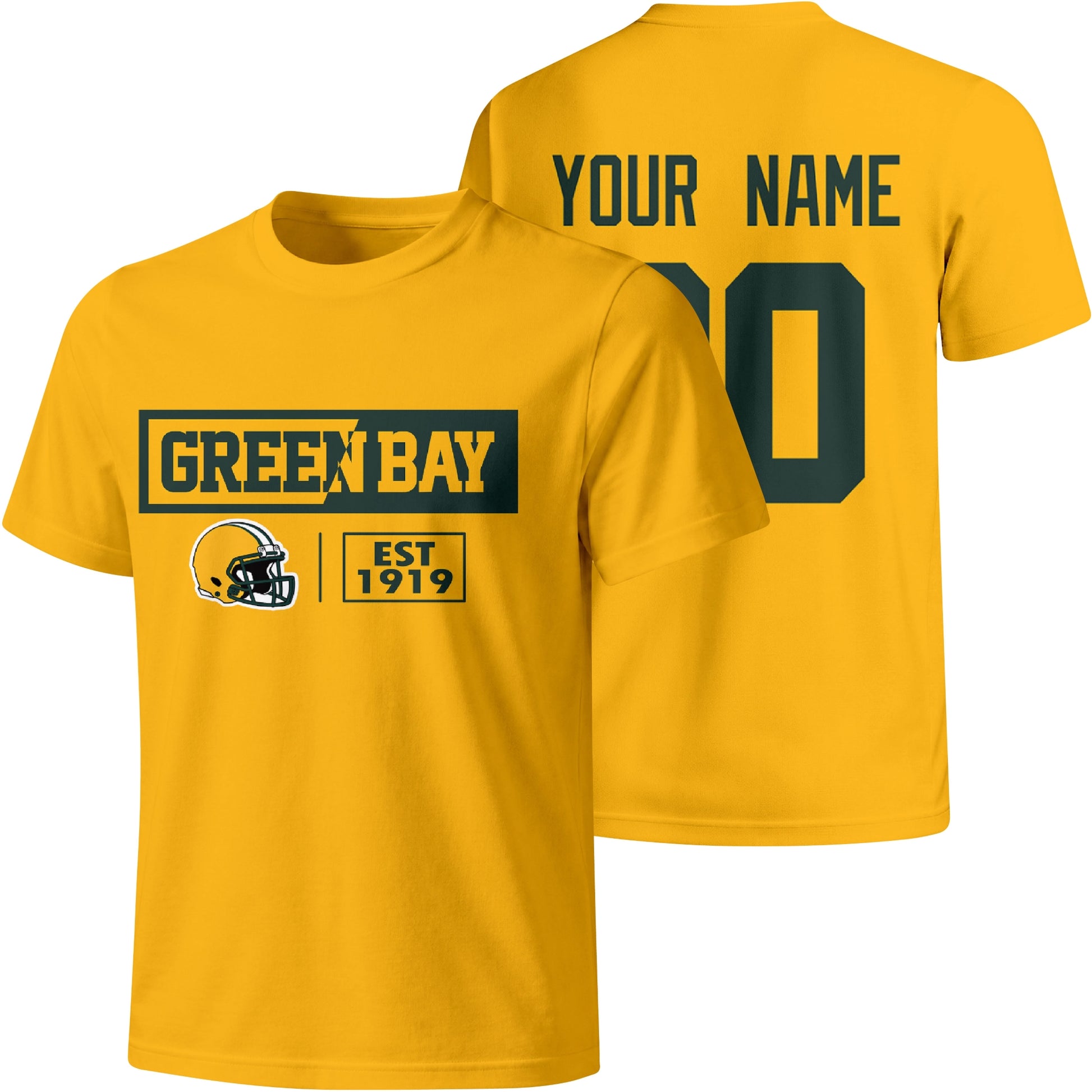 Green Bay personalized football badge T shirt in Gold showing front city helmet design and back custom name and number